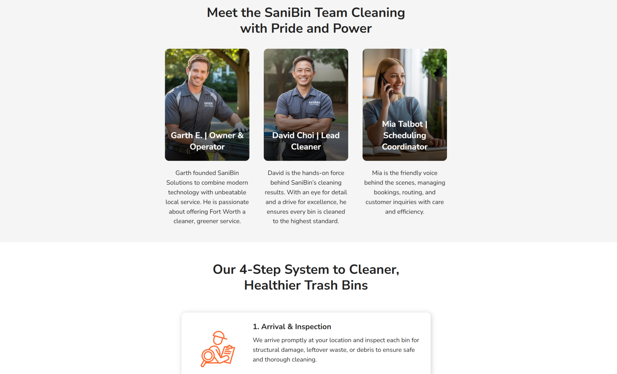 SaniBin Solutions “Meet the Team” section featuring portraits of Owner Garth E., Lead Cleaner David Choi, and Scheduling Coordinator Mia Talbot with descriptions of their roles in delivering exceptional bin cleaning service