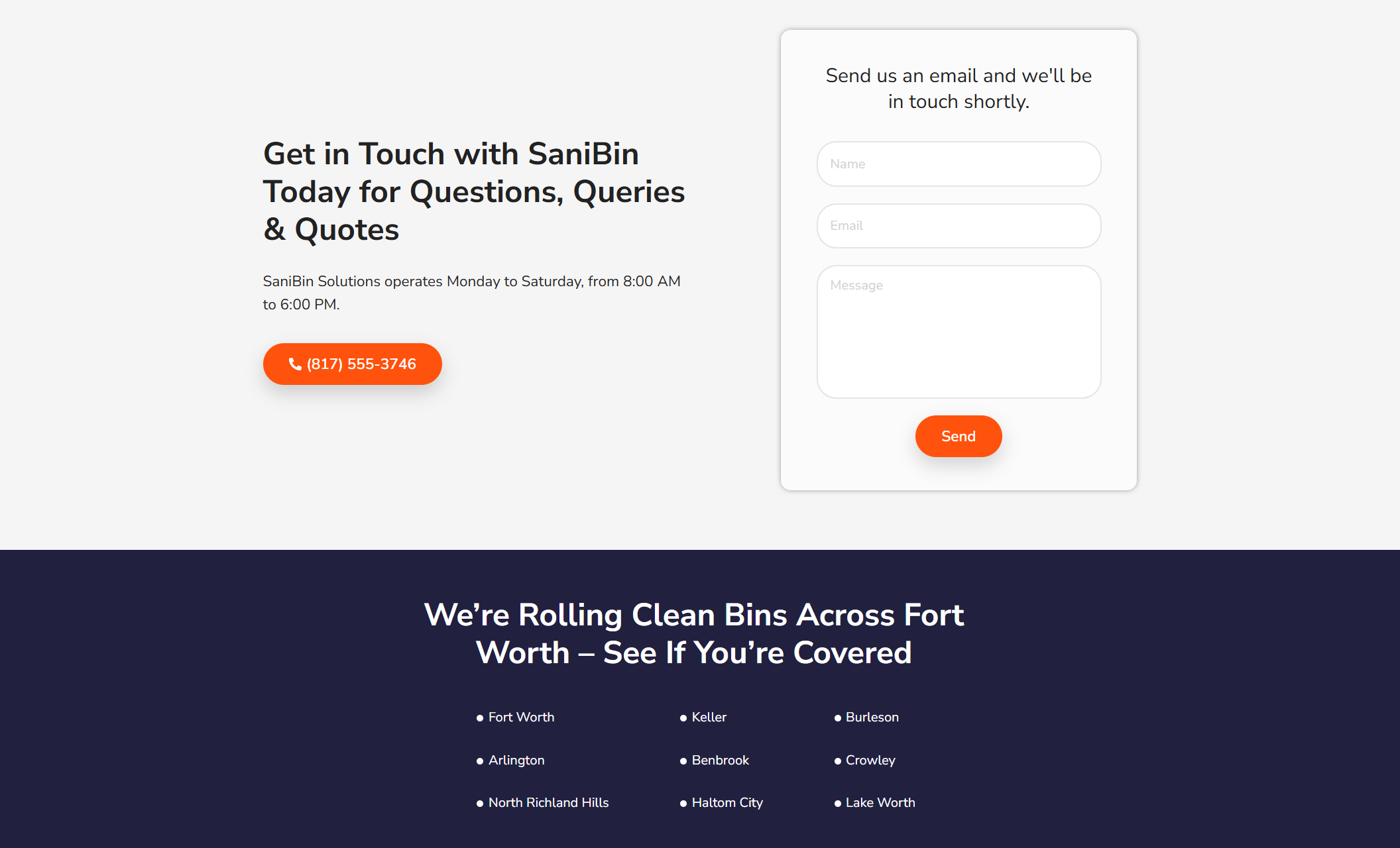 SaniBin Solutions contact section displaying a bright orange call button, a contact form, and the headline “Get in Touch with SaniBin Today for Questions, Queries & Quotes,” with service hours listed below