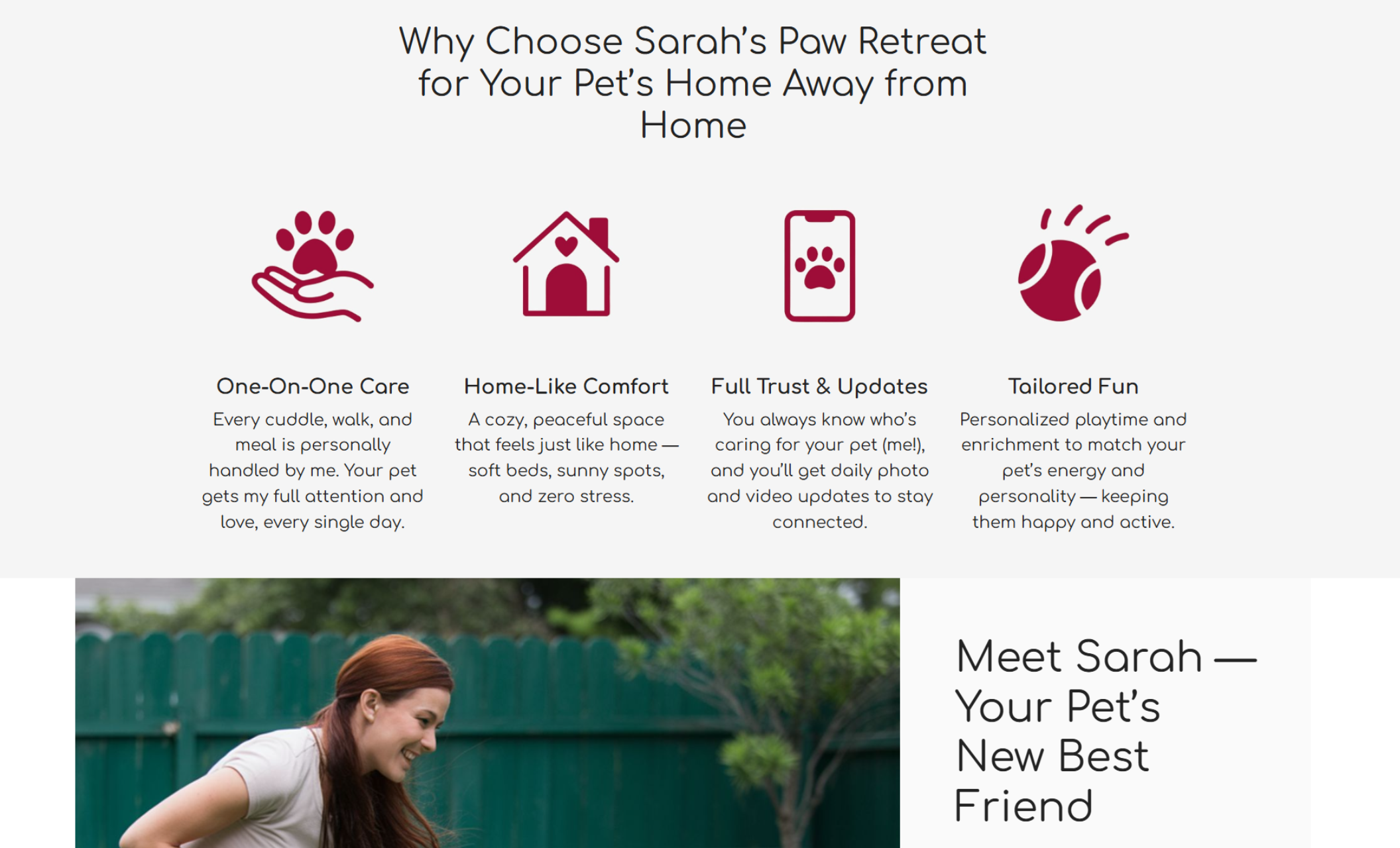 Features section on Sarah’s Paw Retreat website with four burgundy icons and benefit statements including “One-On-One Care,” “Home-Like Comfort,” “Full Trust & Updates,” and “Tailored Fun,” all emphasizing personalized attention and a cozy environment