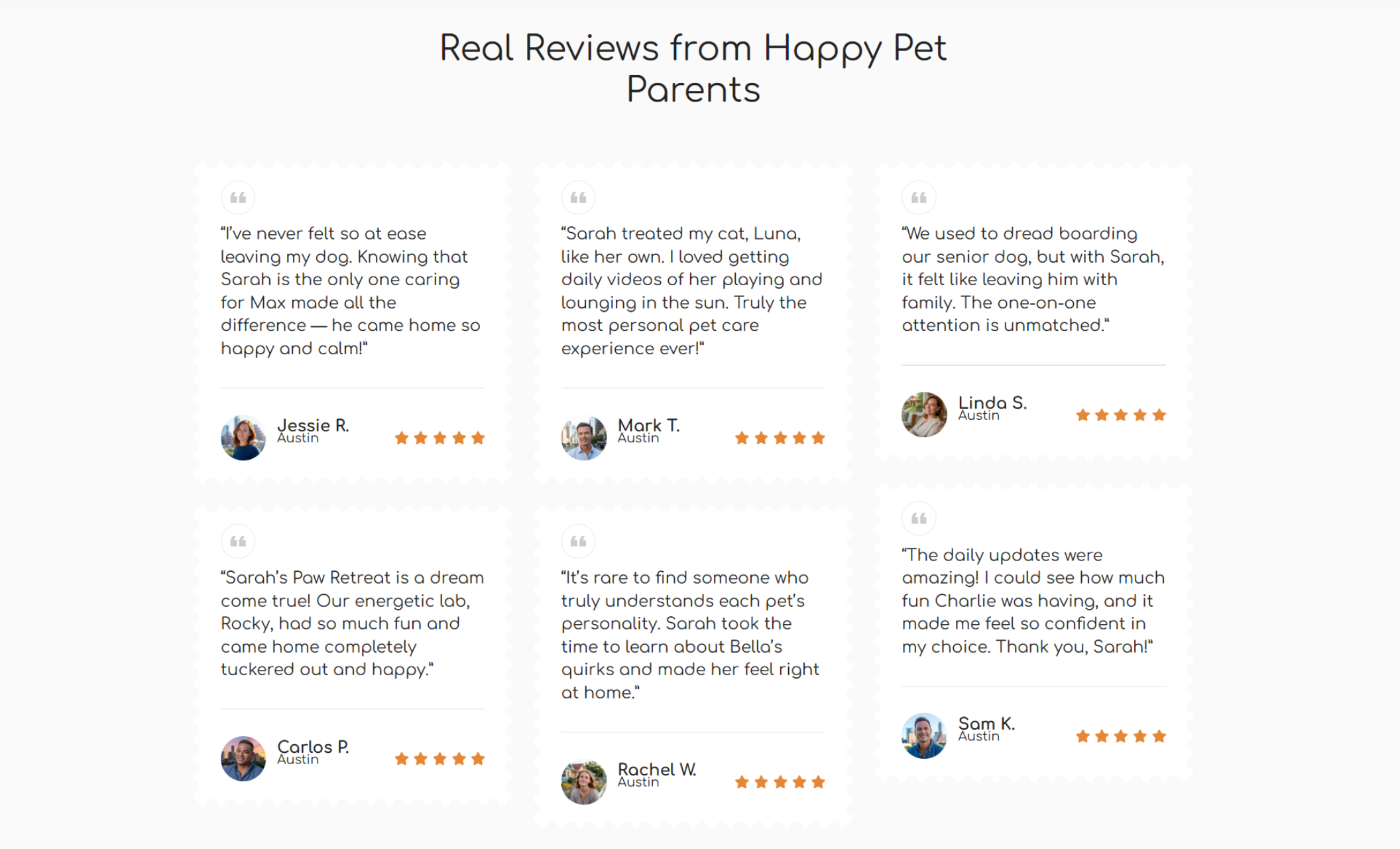 Six customer review cards under the heading “Real Reviews from Happy Pet Parents,” each with five-star ratings and heartfelt quotes about Sarah’s attentive care, daily updates, and calm, kennel-free boarding experience