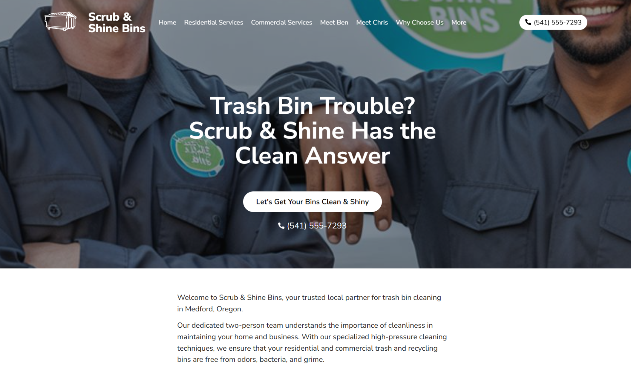 Scrub & Shine Bins homepage featuring two uniformed technicians smiling in front of the company logo with the headline “Trash Bin Trouble? Scrub & Shine Has the Clean Answer” and a bold button that says “Let’s Get Your Bins Clean & Shiny”