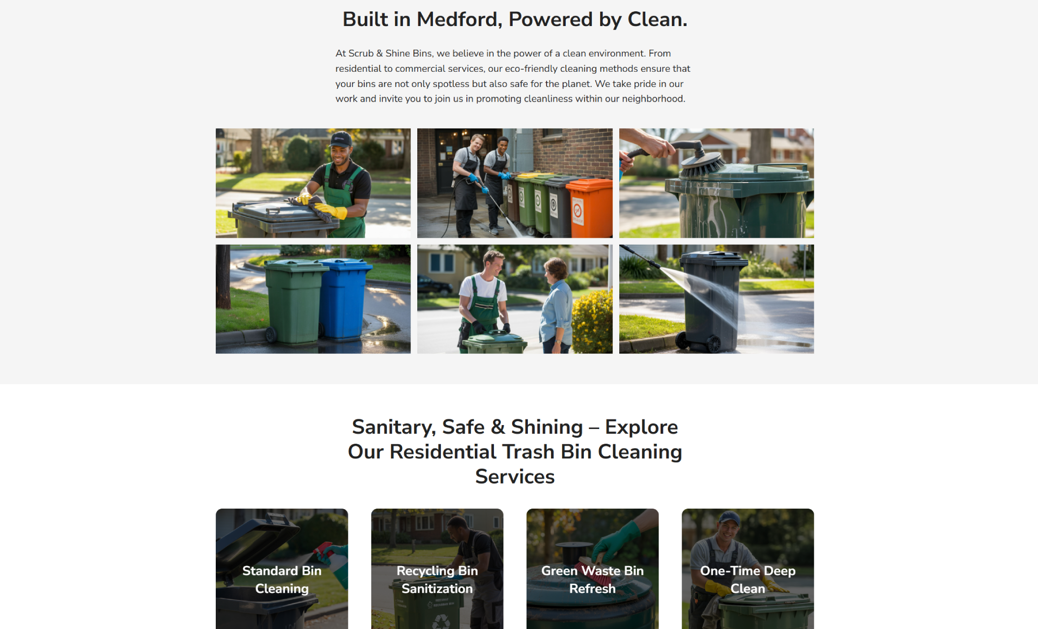 Scrub & Shine Bins “Built in Medford” section featuring a collage of bin cleaning scenes with technicians power washing, scrubbing, and interacting with residents across a residential neighborhood