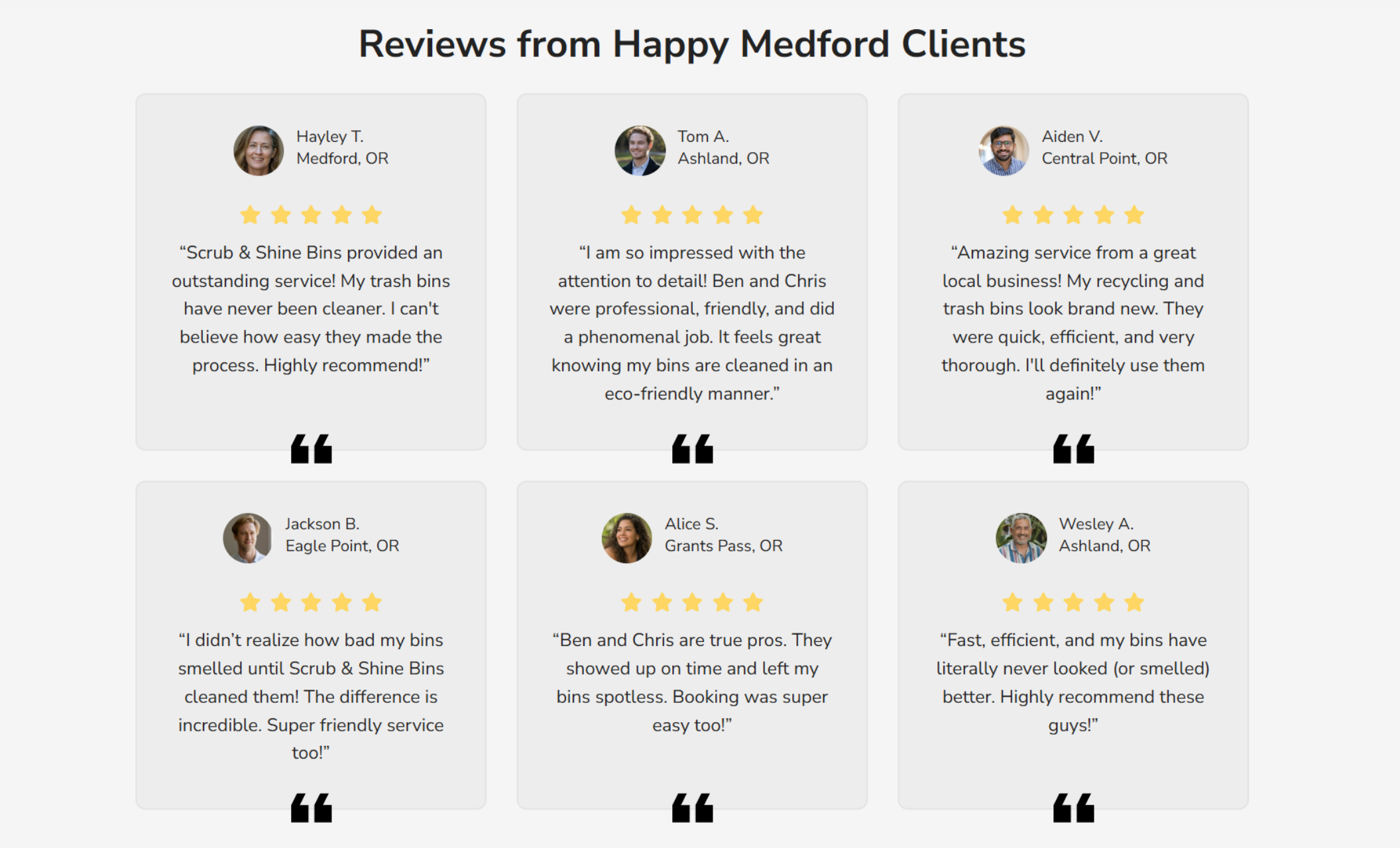Scrub & Shine Bins testimonial section showing six 5-star customer reviews from clients in Oregon, with profile photos and praise for professionalism, odor elimination, and eco-friendly service