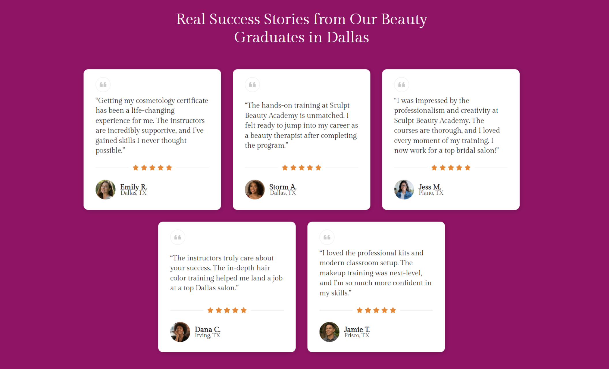 Sculpt Beauty Academy testimonials section with a bold magenta background, five graduate review cards with star ratings, and the headline “Real Success Stories from Our Beauty Graduates in Dallas.”