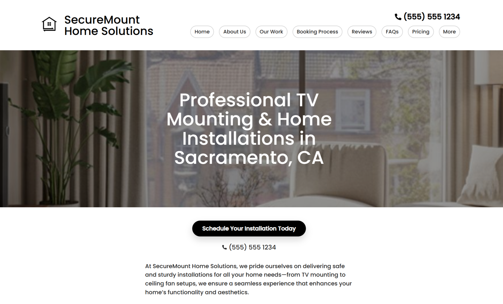 SecureMount Home Solutions homepage hero featuring the headline “Professional TV Mounting & Home Installations in Sacramento, CA” with a black “Schedule Your Installation Today” button and phone number below