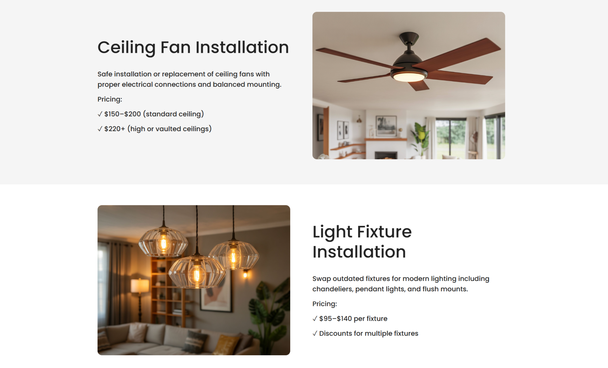 SecureMount Home Solutions service section featuring “Light Fixture Installation” with a pricing list beside a photo of three warm pendant lights hanging over a living room