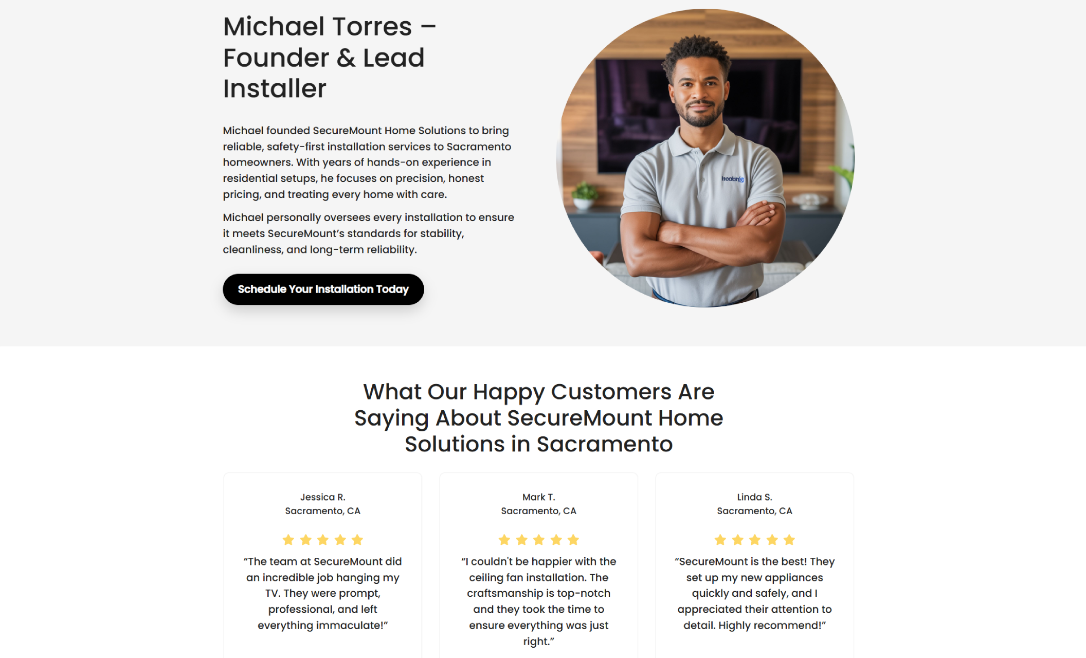 SecureMount Home Solutions About section featuring the headline “Michael Torres — Founder & Lead Installer,” a large circular portrait photo, and a black button that says "Schedule Your Installation Today"