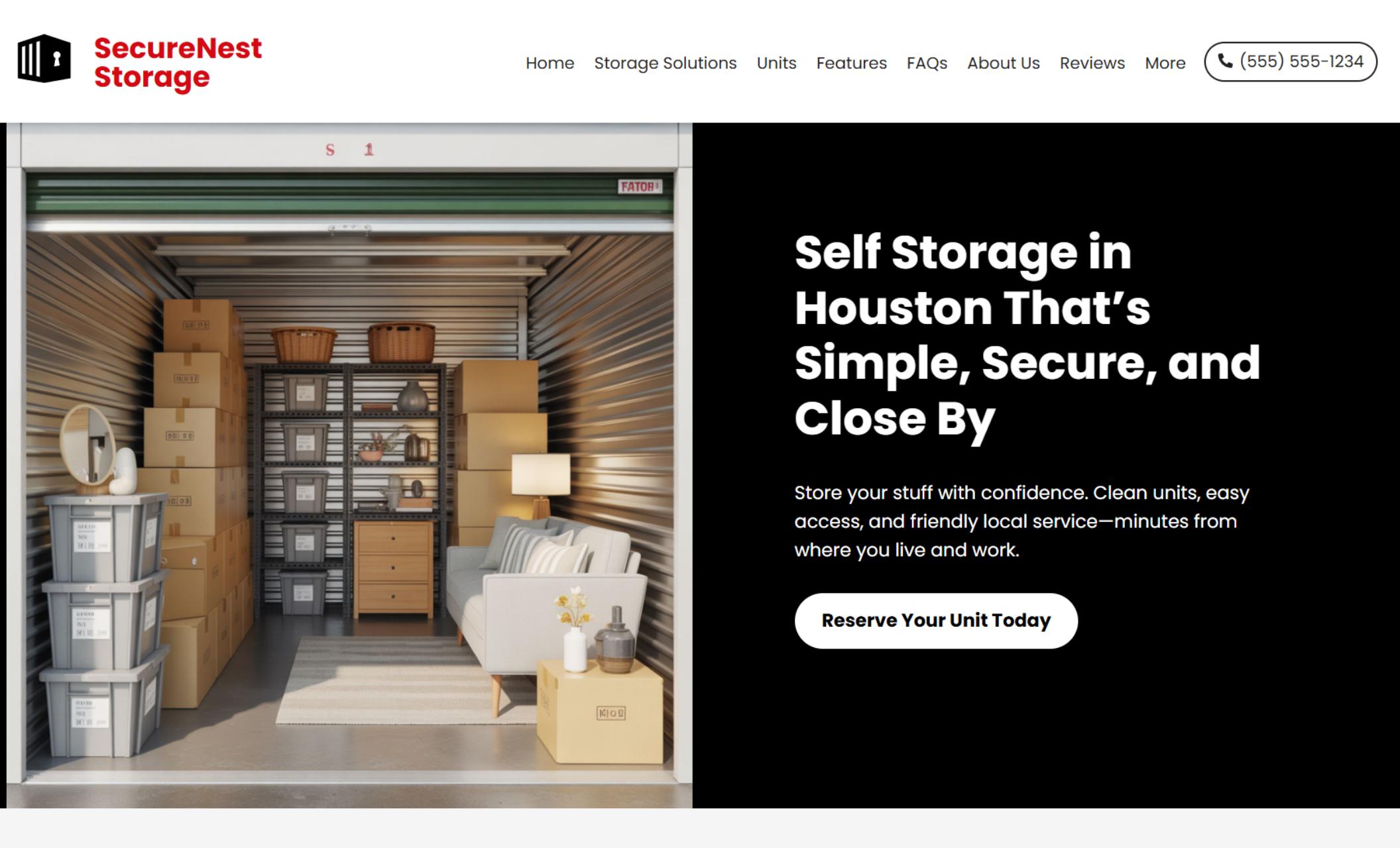SecureNest Storage homepage showing an open storage unit styled with boxes, shelving, and a sofa next to the headline “Self Storage in Houston That’s Simple, Secure, and Close By” and a “Reserve Your Unit Today” button