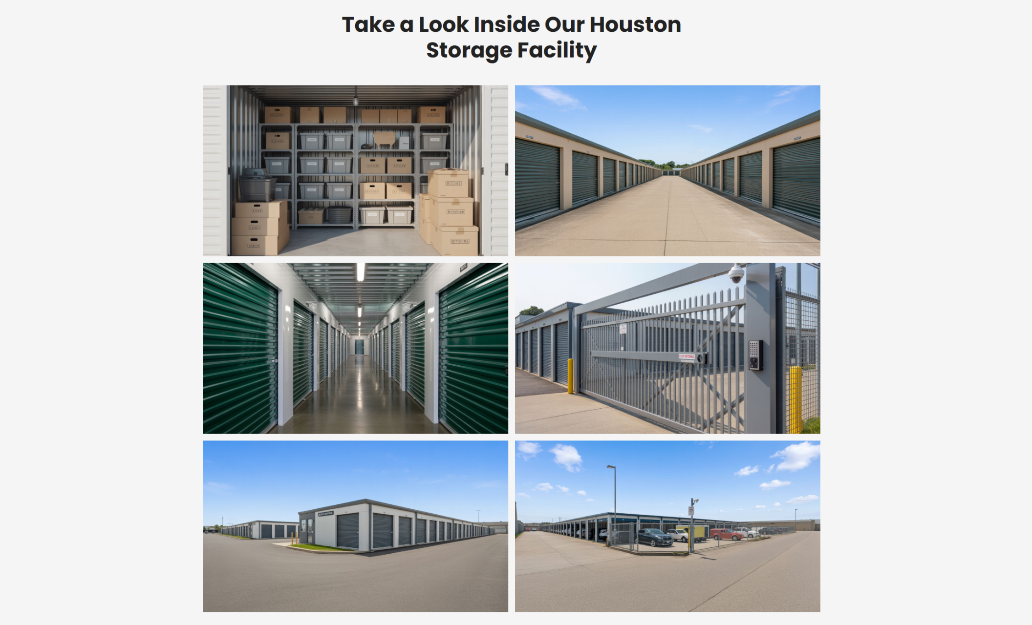 SecureNest Storage gallery section titled “Take a Look Inside Our Houston Storage Facility” displaying interior units, drive-up lanes, gated entry, and wide exterior views of the property