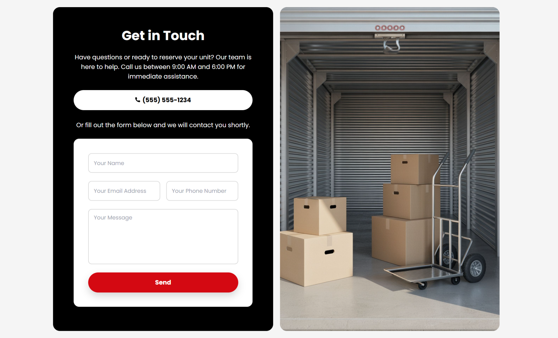 SecureNest Storage contact section featuring a black “Get in Touch” panel with phone number and contact form beside an open storage unit with stacked moving boxes and a hand truck