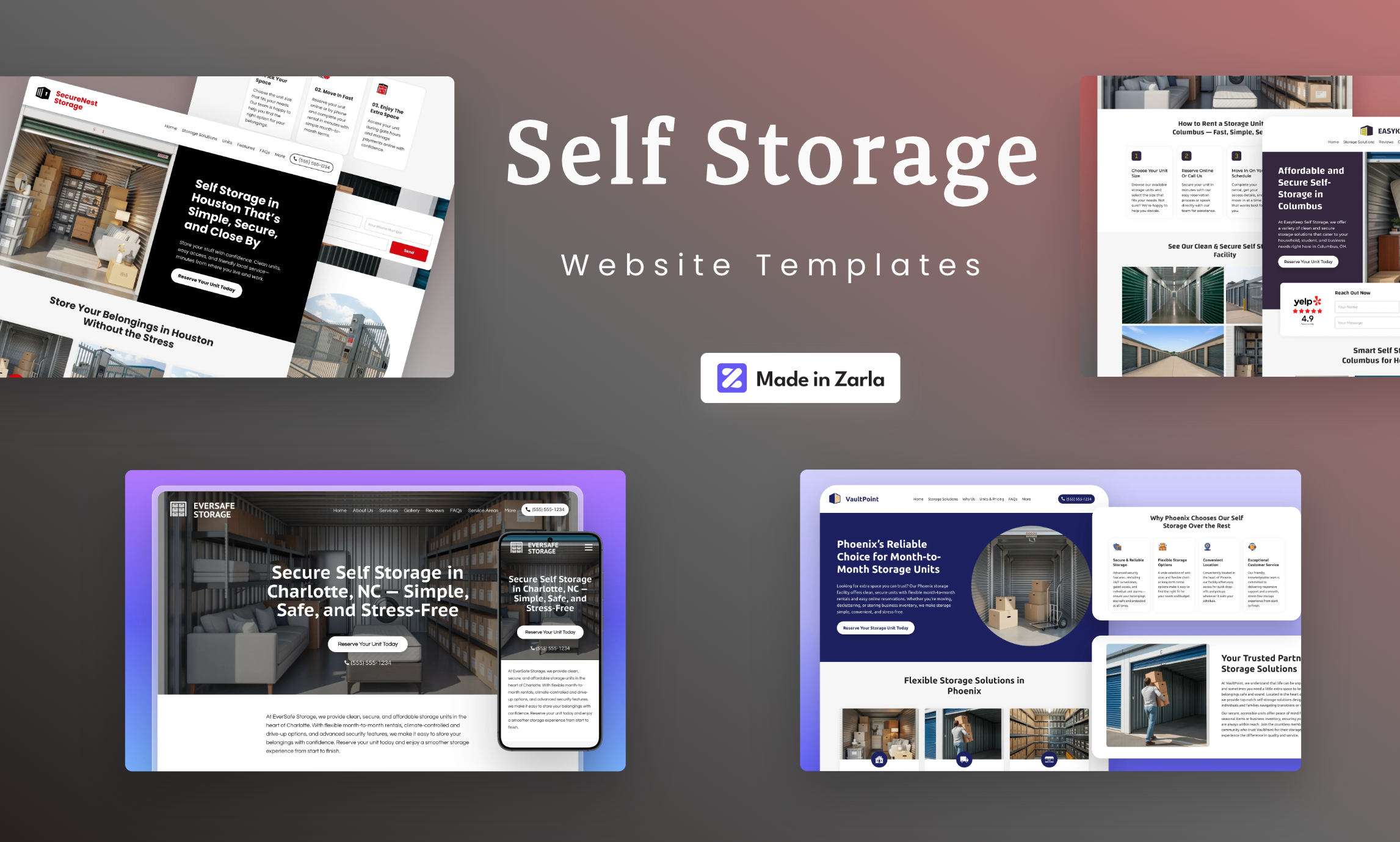 Collection of self storage website templates created with Zarla