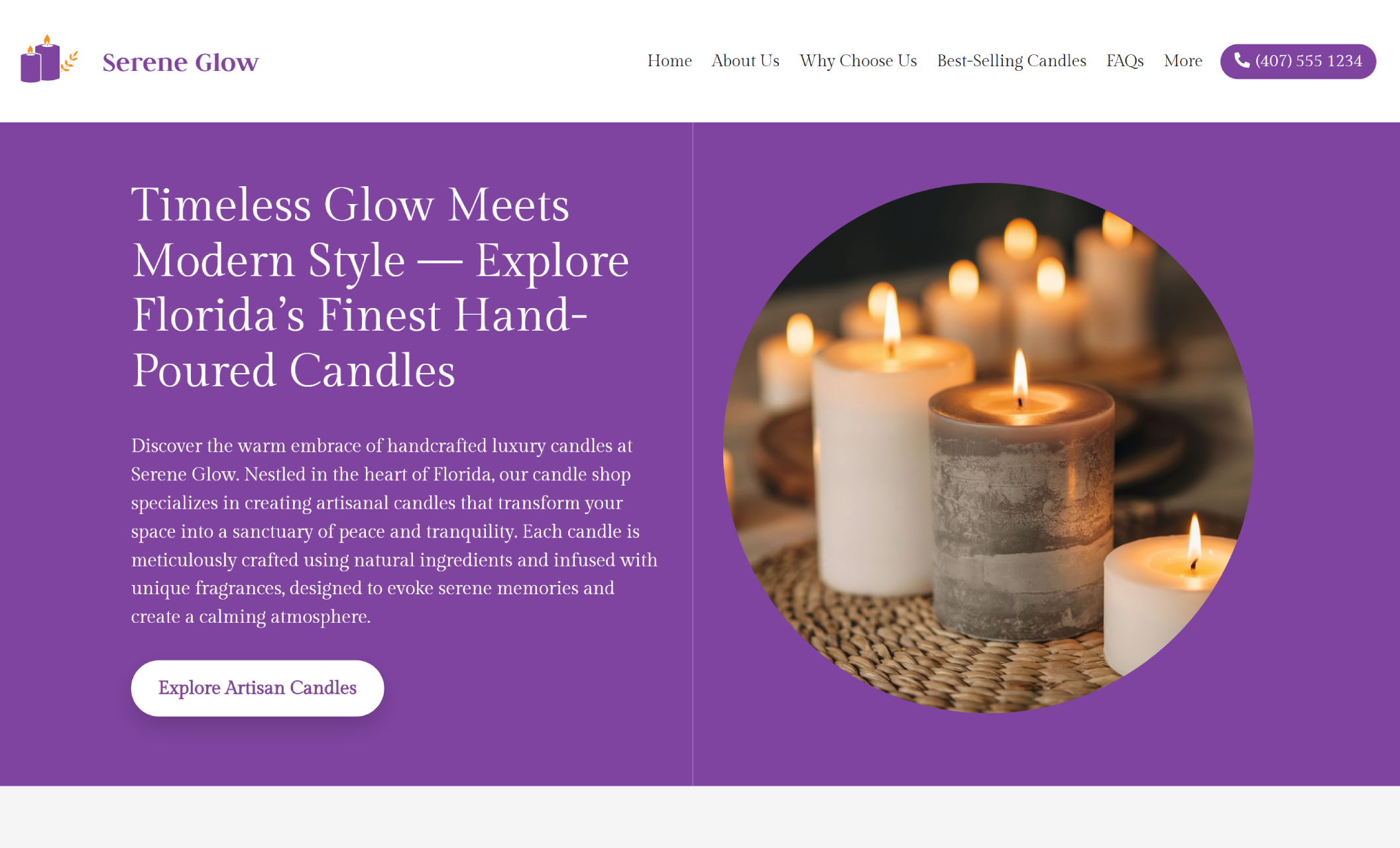 Serene Glow homepage featuring a large product photo of glowing candles in neutral tones, next to the headline “Timeless Glow Meets Modern Style — Explore Florida’s Finest Hand-Poured Candles” and a button that reads “Explore Artisan Candles”