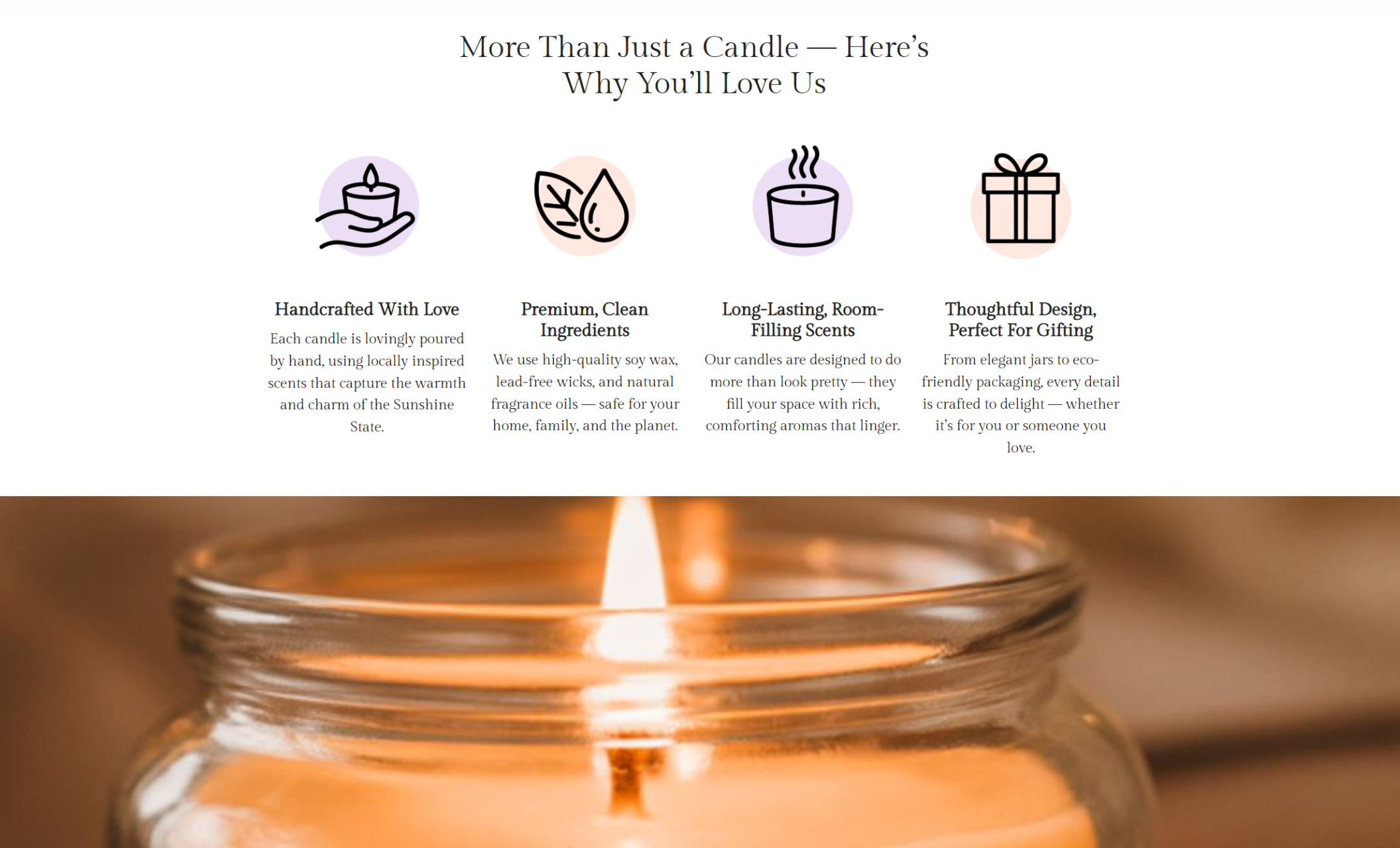 “More Than Just a Candle” section of the Serene Glow website with four illustrated icons and descriptions highlighting handcrafted quality, clean ingredients, long-lasting scents, and thoughtful design for gifting