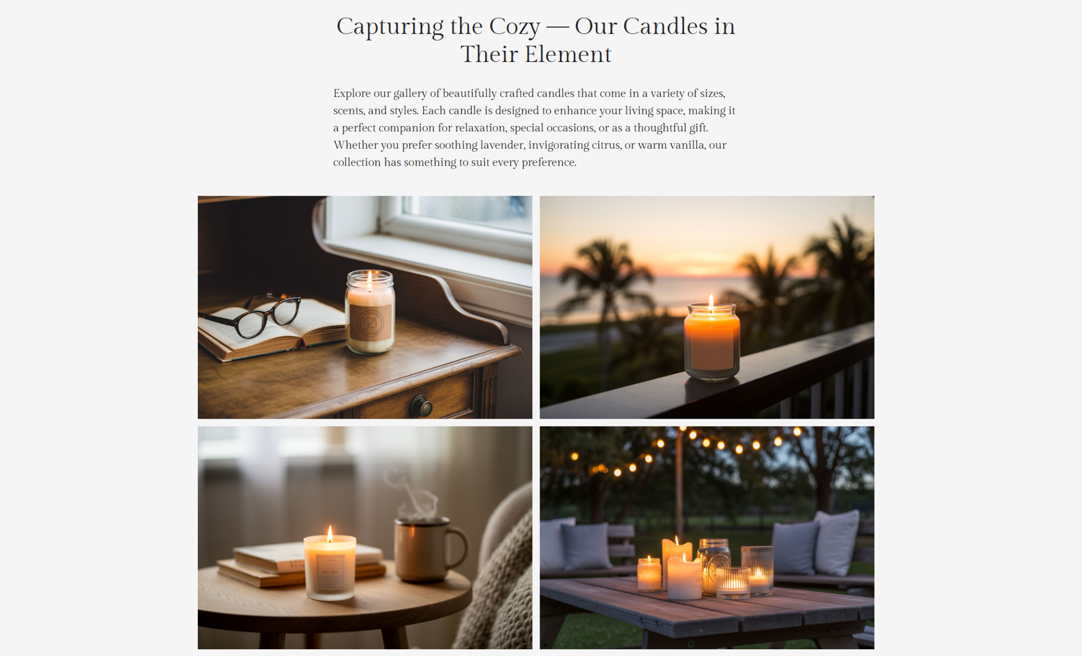 Candle gallery from the Serene Glow homepage featuring four lifestyle images: a candle beside reading glasses on a desk, a sunset-lit candle on a balcony, a candle with a steaming mug on a side table, and a group of candles glowing on an outdoor picnic table under string lights