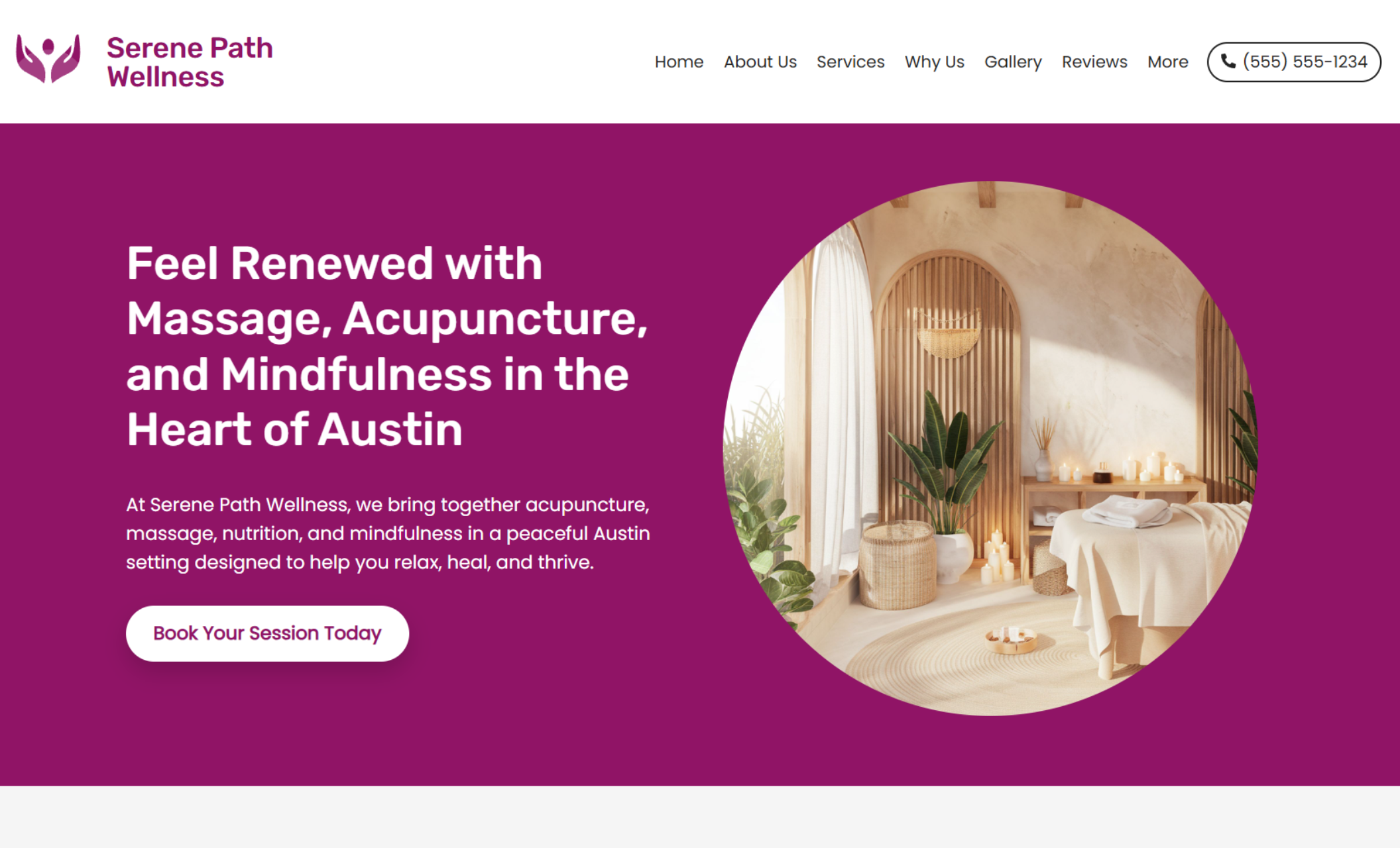 Serene Path Wellness homepage with a bold magenta background, white headline reading “Feel Renewed with Massage, Acupuncture, and Mindfulness in the Heart of Austin,” and a circular photo of a spa room with a massage table surrounded by plants and candles