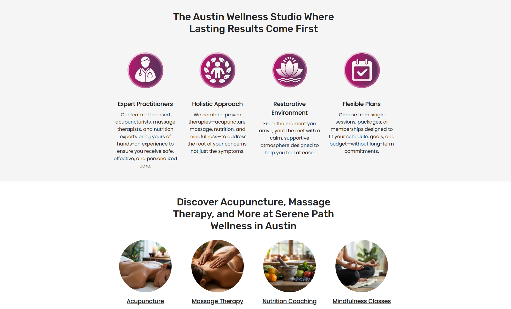 Serene Path Wellness section with four illustrated icons labeled Expert Practitioners, Holistic Approach, Restorative Environment, and Flexible Plans, followed by a row of circular service images for Acupuncture, Massage Therapy, Nutrition Coaching, and Mindfulness Classes