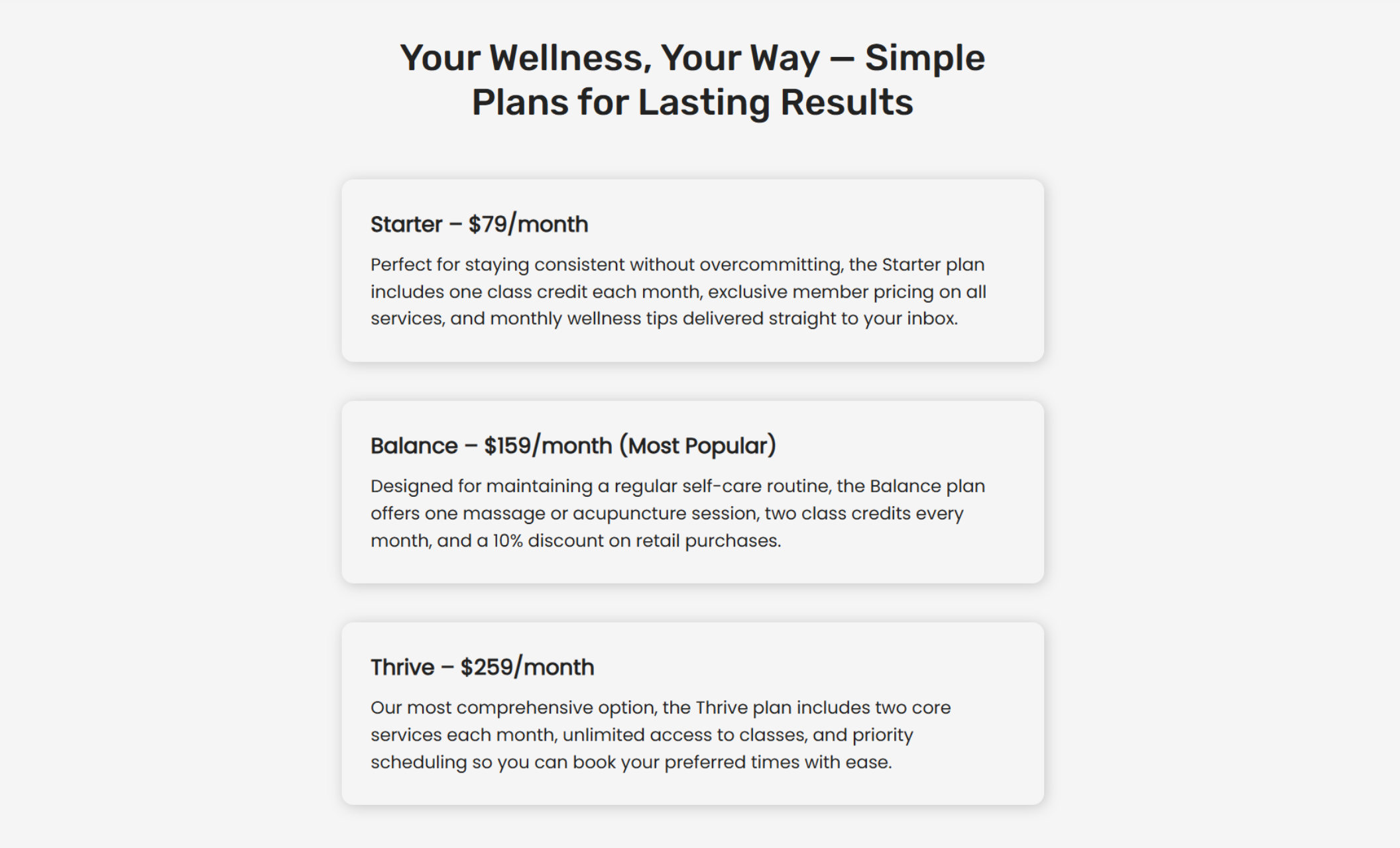 Lumina Wellness membership pricing section with three tiers: Starter at $79/month with one class credit and member pricing, Balance at $159/month with one service and two class credits, and Thrive at $259/month with two services, unlimited classes, and priority scheduling