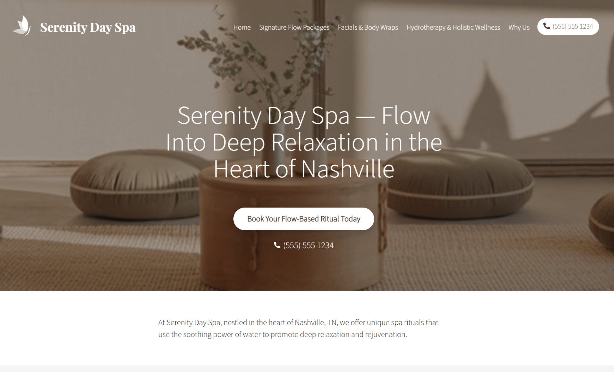 Serenity Day Spa homepage hero with soft neutral tones, floor cushions in a tranquil studio setting, the headline “Serenity Day Spa — Flow Into Deep Relaxation in the Heart of Nashville,” and a centered “Book Your Flow-Based Ritual Today” button with phone number below