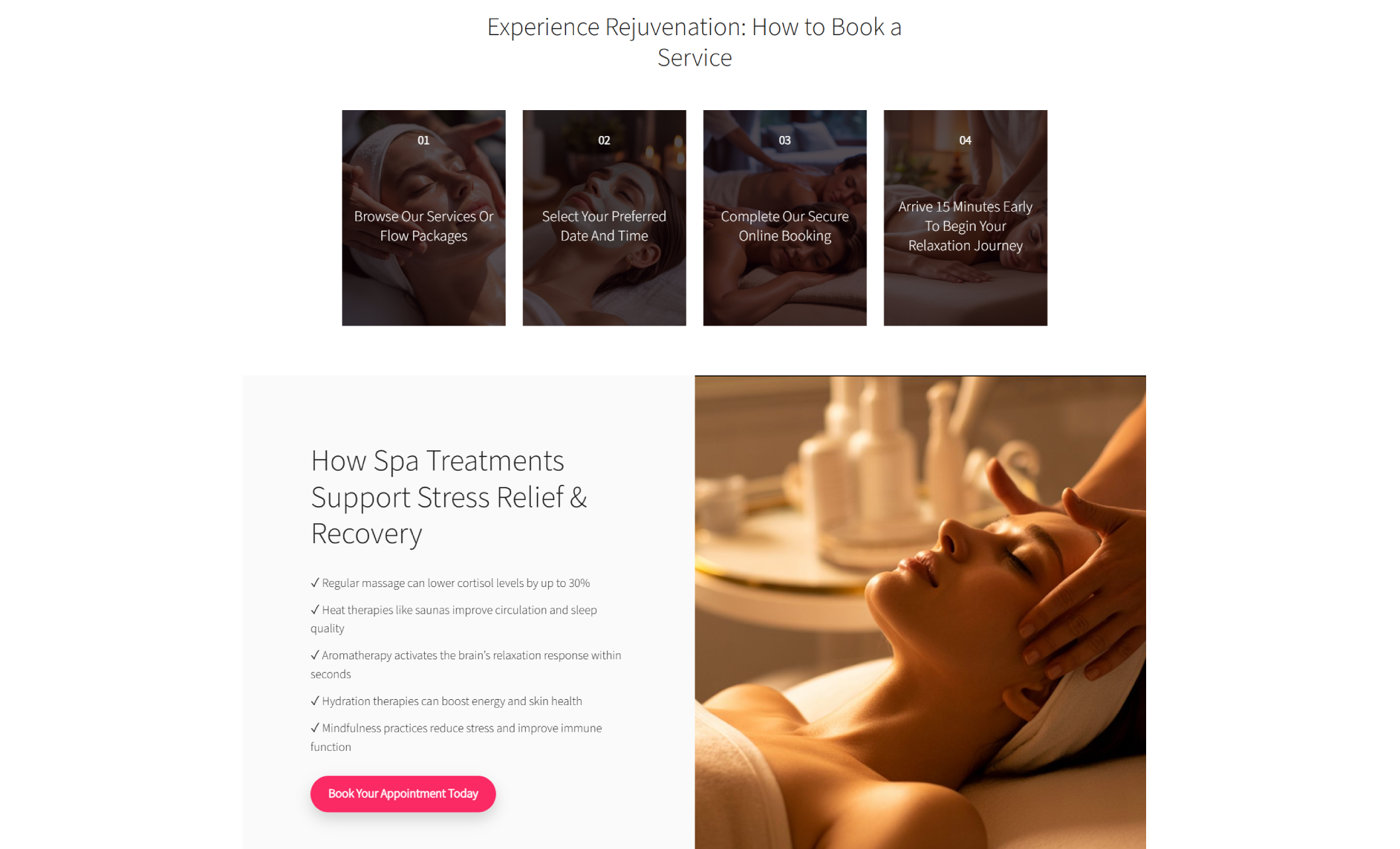 Serenity Day Spa booking section displaying a four-step “Experience Rejuvenation: How to Book a Service” guide above a stress-relief benefits list with a pink “Book Your Appointment Today” button beside a close-up image of a woman receiving a relaxing facial massage