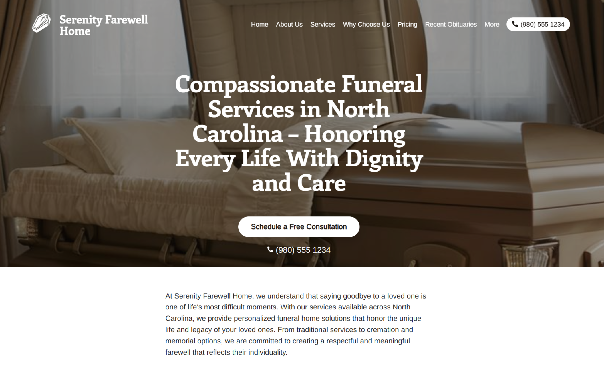 Serenity Farewell Home homepage featuring a casket with floral arrangements beside the headline “Compassionate Funeral Services in North Carolina – Honoring Every Life With Dignity and Care” and a button that says “Schedule a Free Consultation.”