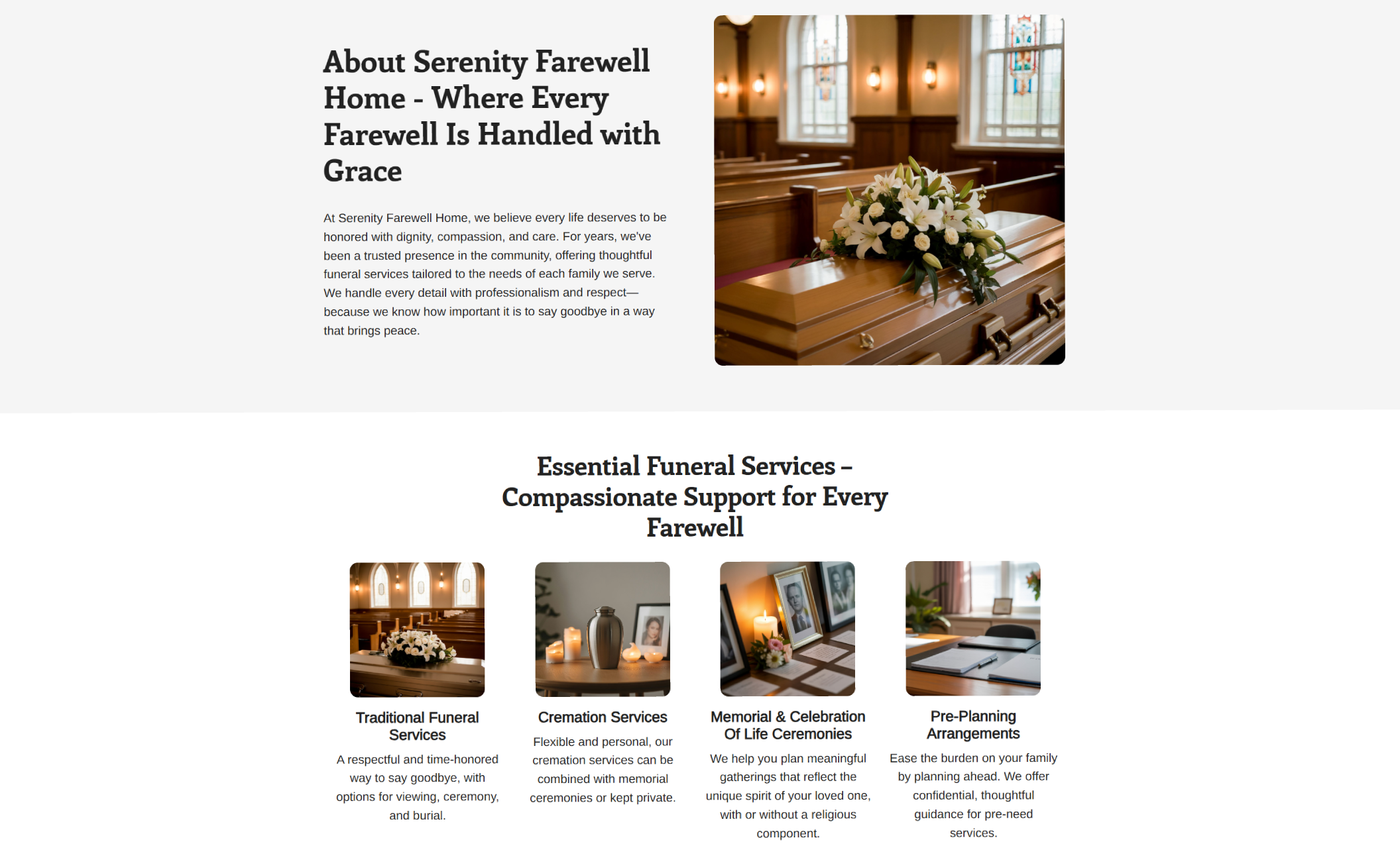 Serenity Farewell Home about section with a wooden casket adorned with white flowers, headline “About Serenity Farewell Home – Where Every Farewell Is Handled with Grace,” and four service cards for Traditional Funeral Services, Cremation Services, Memorial & Celebration of Life Ceremonies, and Pre‑Planning Arrangements