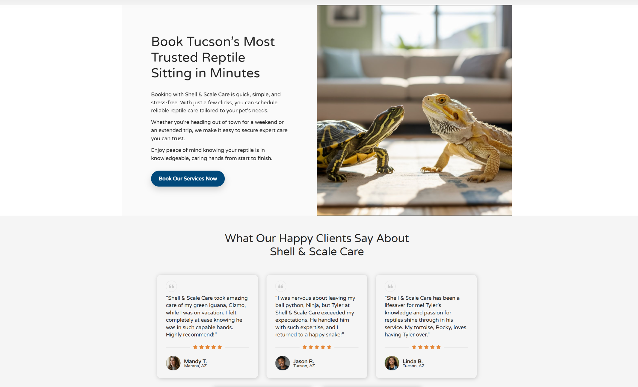 Shell & Scale Care booking section featuring two reptiles on a living room floor beside the headline “Book Tucson’s Most Trusted Reptile Sitting in Minutes” and a dark blue booking button