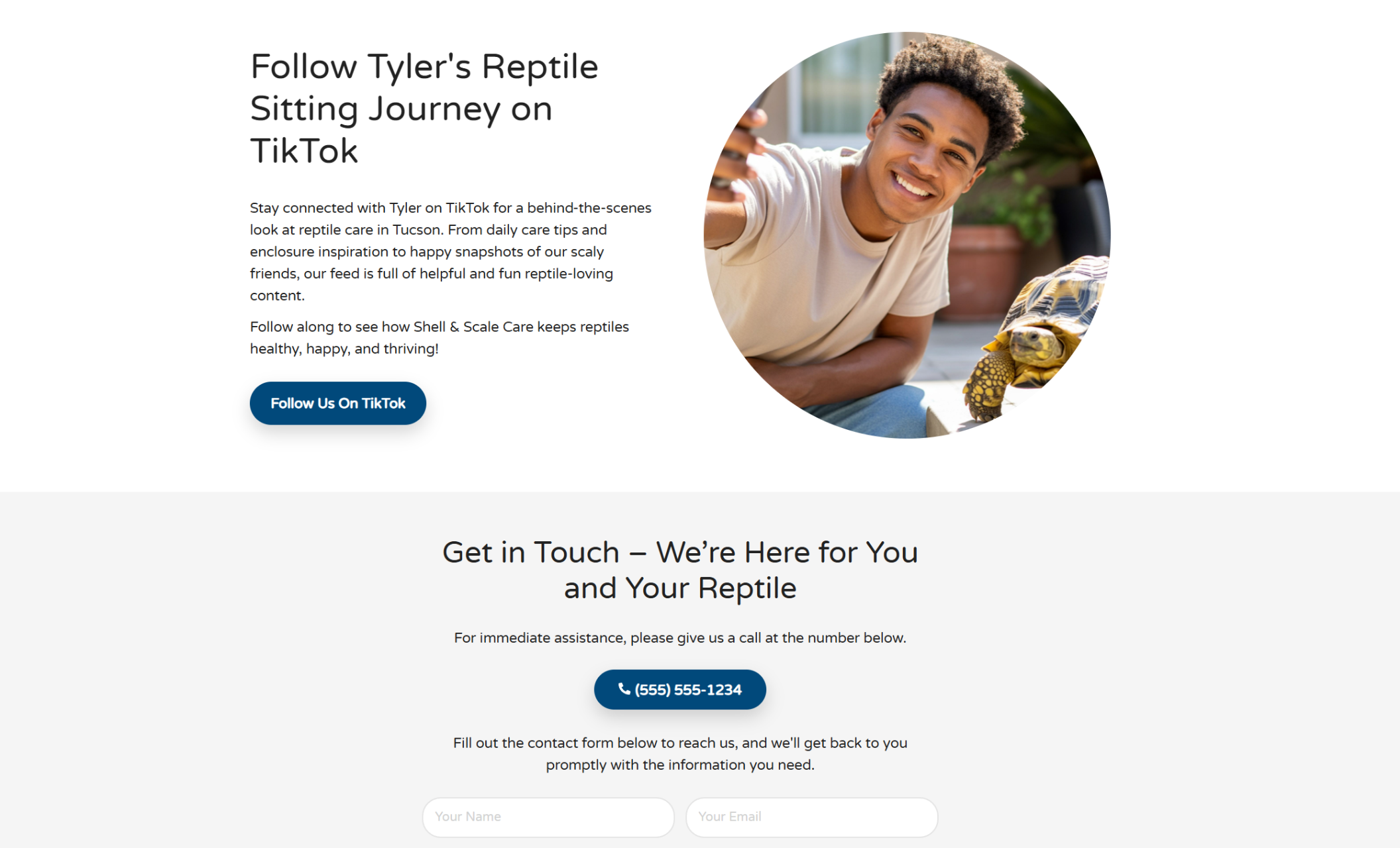Shell & Scale Care social section showing the headline “Follow Tyler's Reptile Sitting Journey on TikTok” with a smiling man holding a tortoise beside a blue button that says “Follow Us On TikTok.”