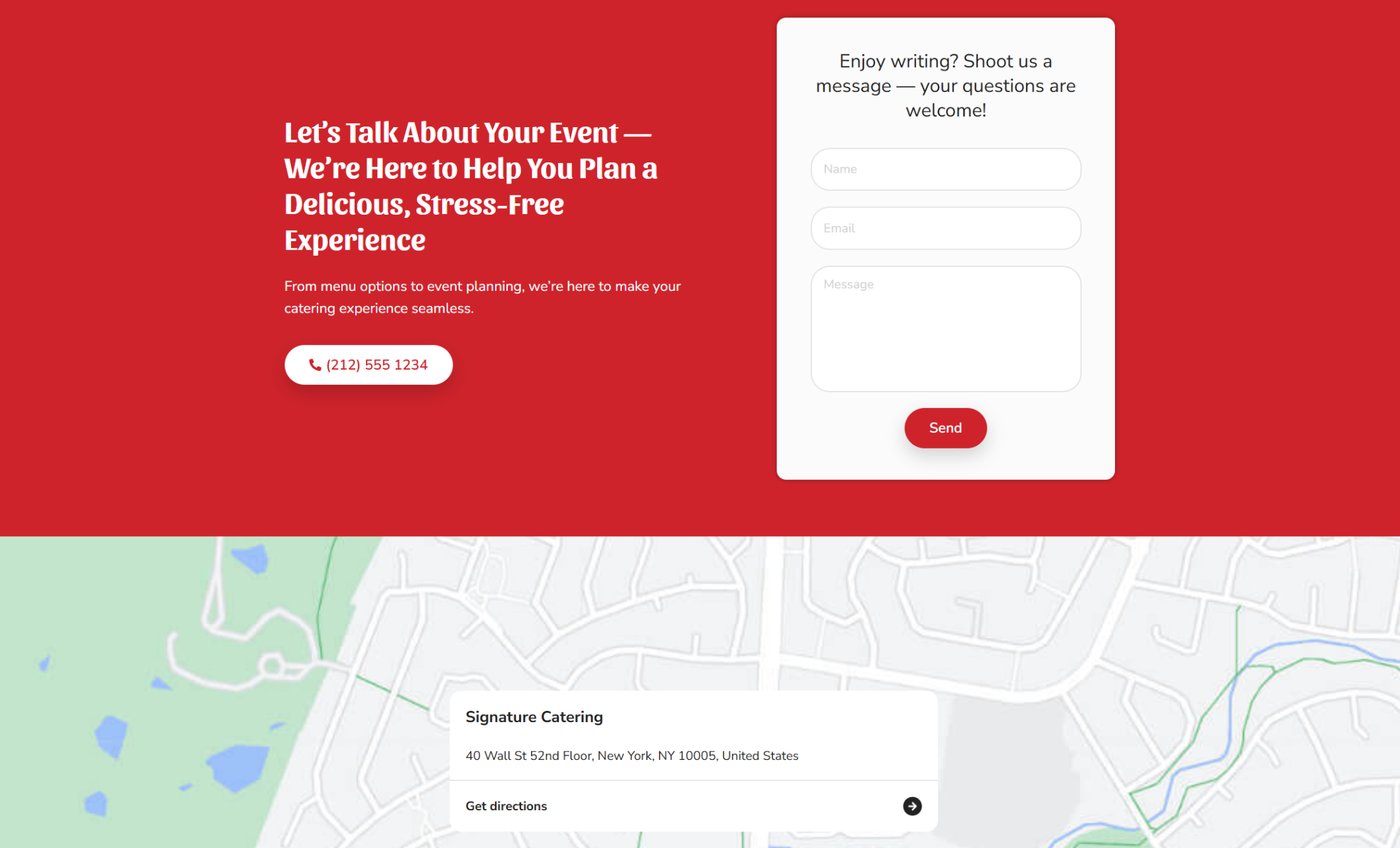 Contact section of Signature Catering with a red background and white text saying “Let’s Talk About Your Event — We’re Here to Help You Plan a Delicious, Stress-Free Experience,” alongside a white contact form and an embedded map showing a New York address