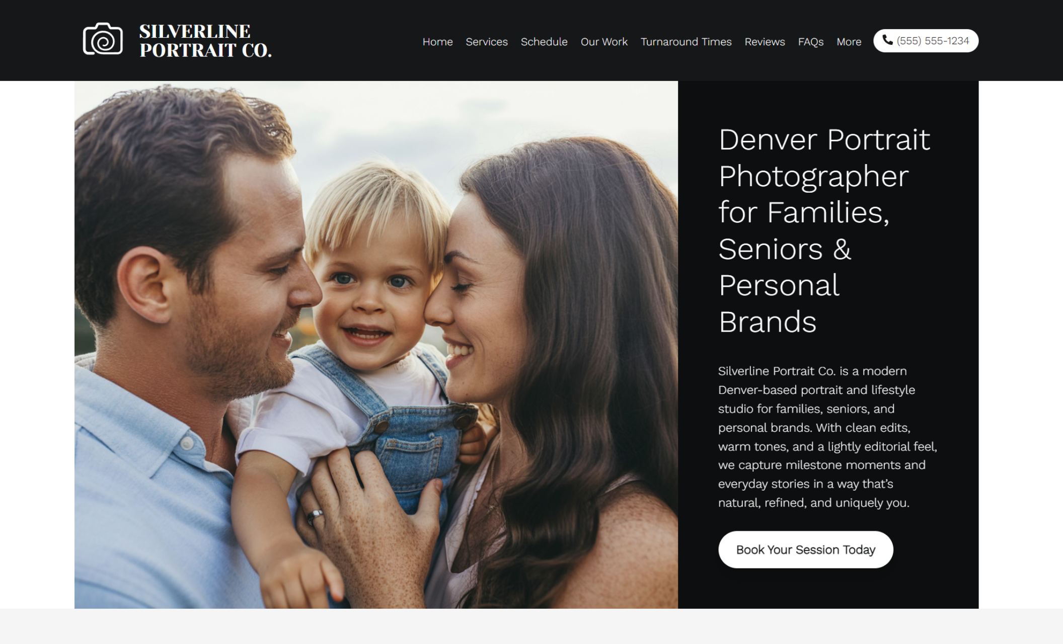 Silverline Portrait Co. homepage hero featuring a smiling family holding a toddler beside the headline “Denver Portrait Photographer for Families, Seniors & Personal Brands” with a white “Book Your Session Today” call-to-action