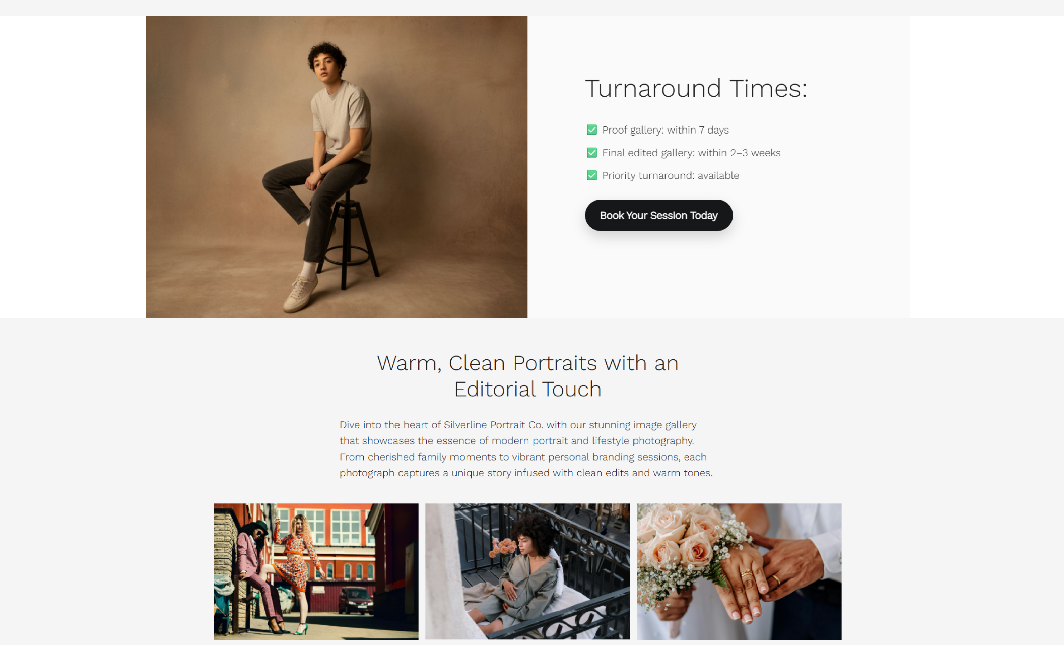 Silverline Portrait Co. turnaround times section showing a seated studio portrait of a young person against a neutral backdrop next to a checklist labeled “Turnaround Times” and a black “Book Your Session Today” button