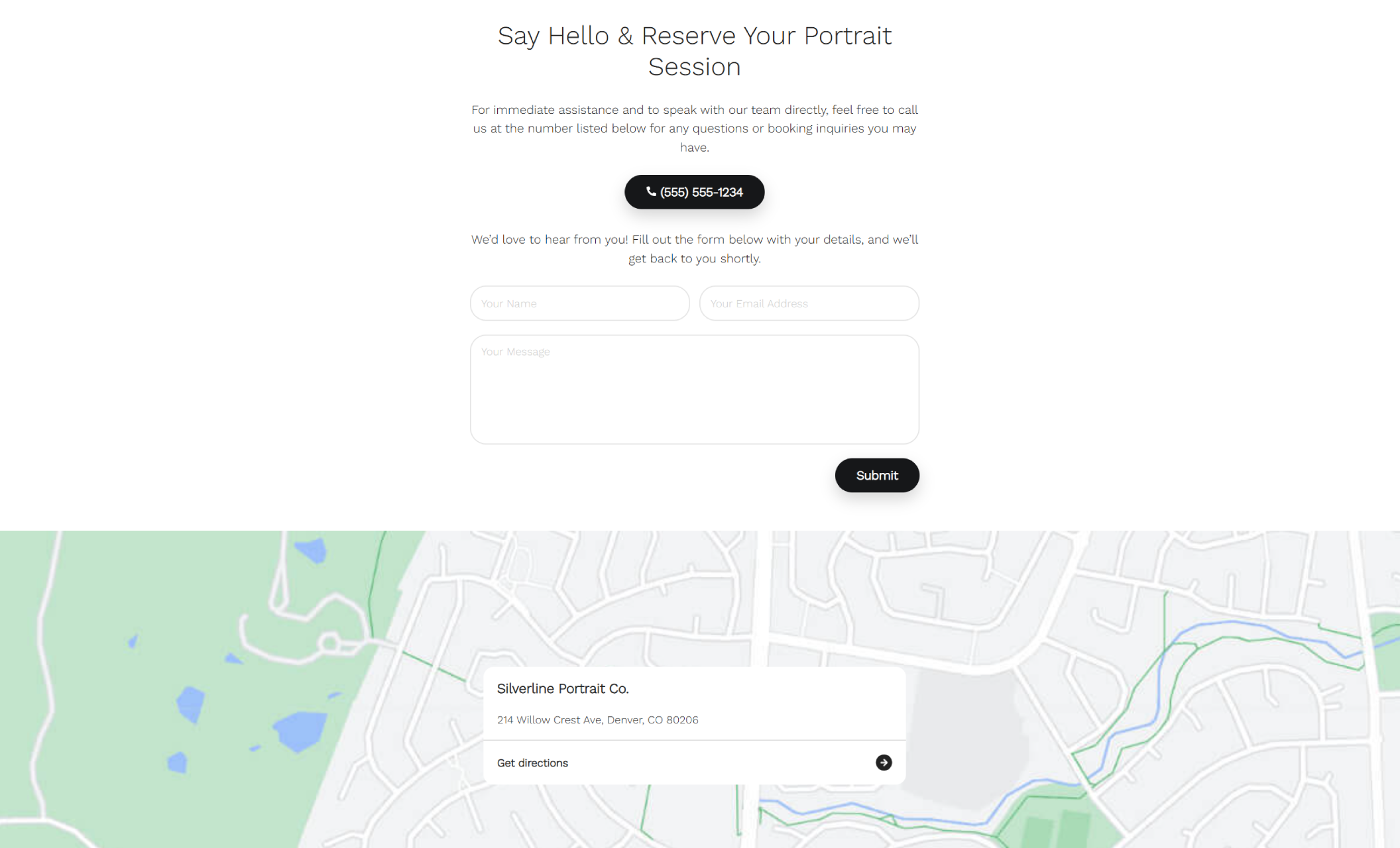 Silverline Portrait Co. contact section featuring a minimalist contact form with the heading “Say Hello & Reserve Your Portrait Session,” a tap-to-call phone button, and an embedded map showing the studio’s Denver location