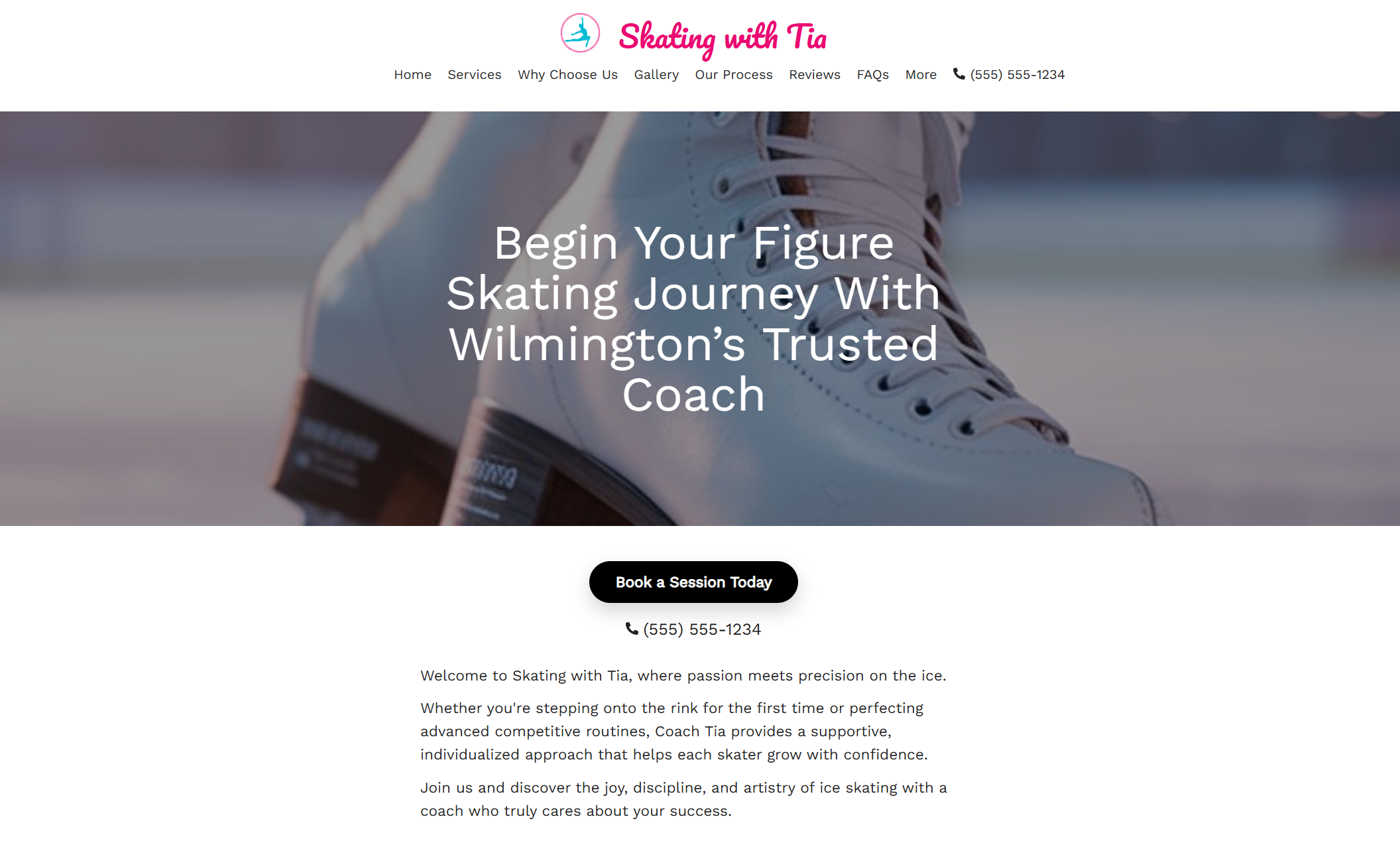 Skating With Tia homepage hero featuring a close-up of white figure skates on the ice behind the headline ‘Begin Your Figure Skating Journey With Wilmington’s Trusted Coach.’