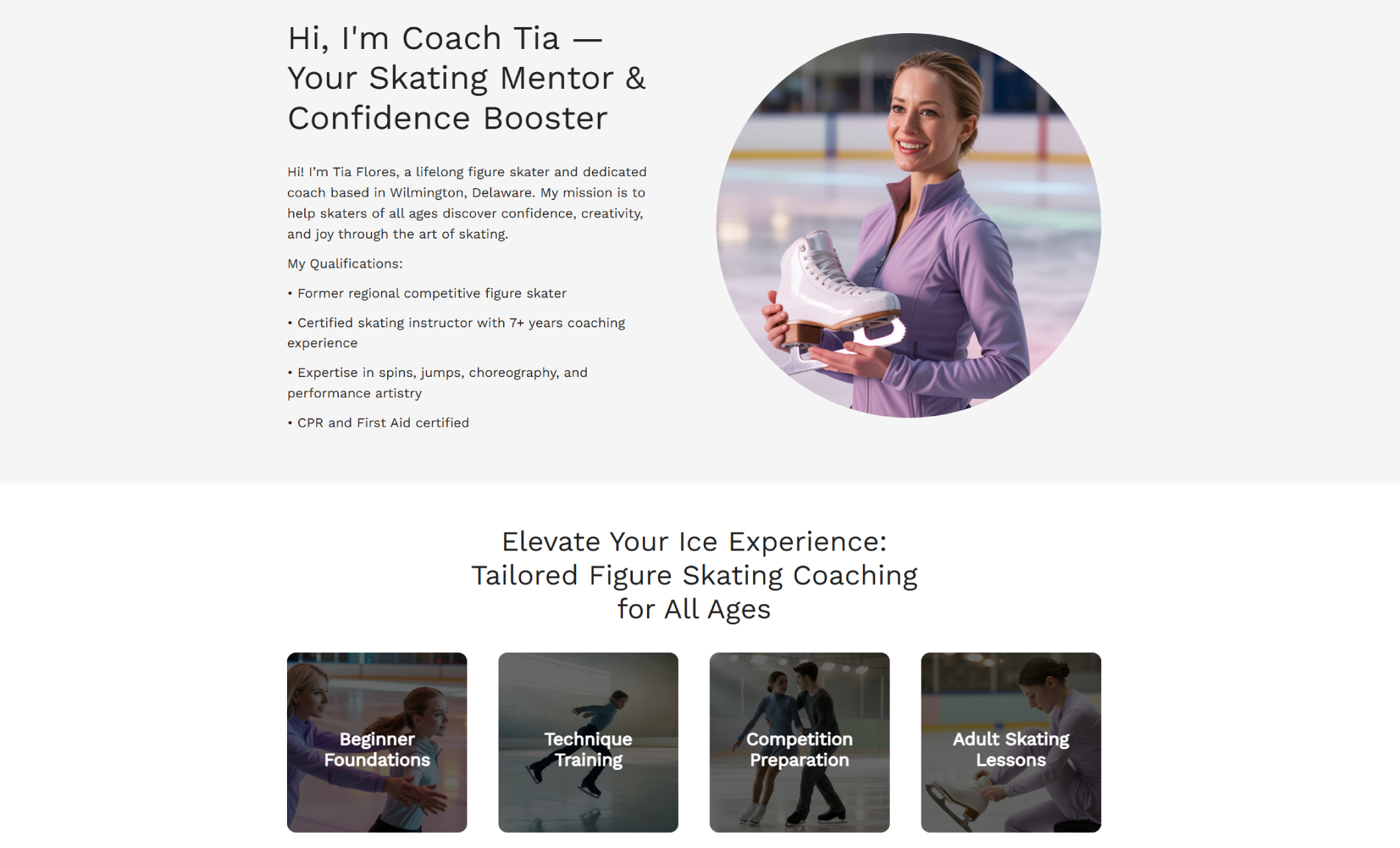 Skating With Tia meet-the-coach section featuring Coach Tia smiling in a lavender jacket while holding skate boots beside the headline ‘Hi, I’m Coach Tia — Your Skating Mentor & Confidence Booster.’