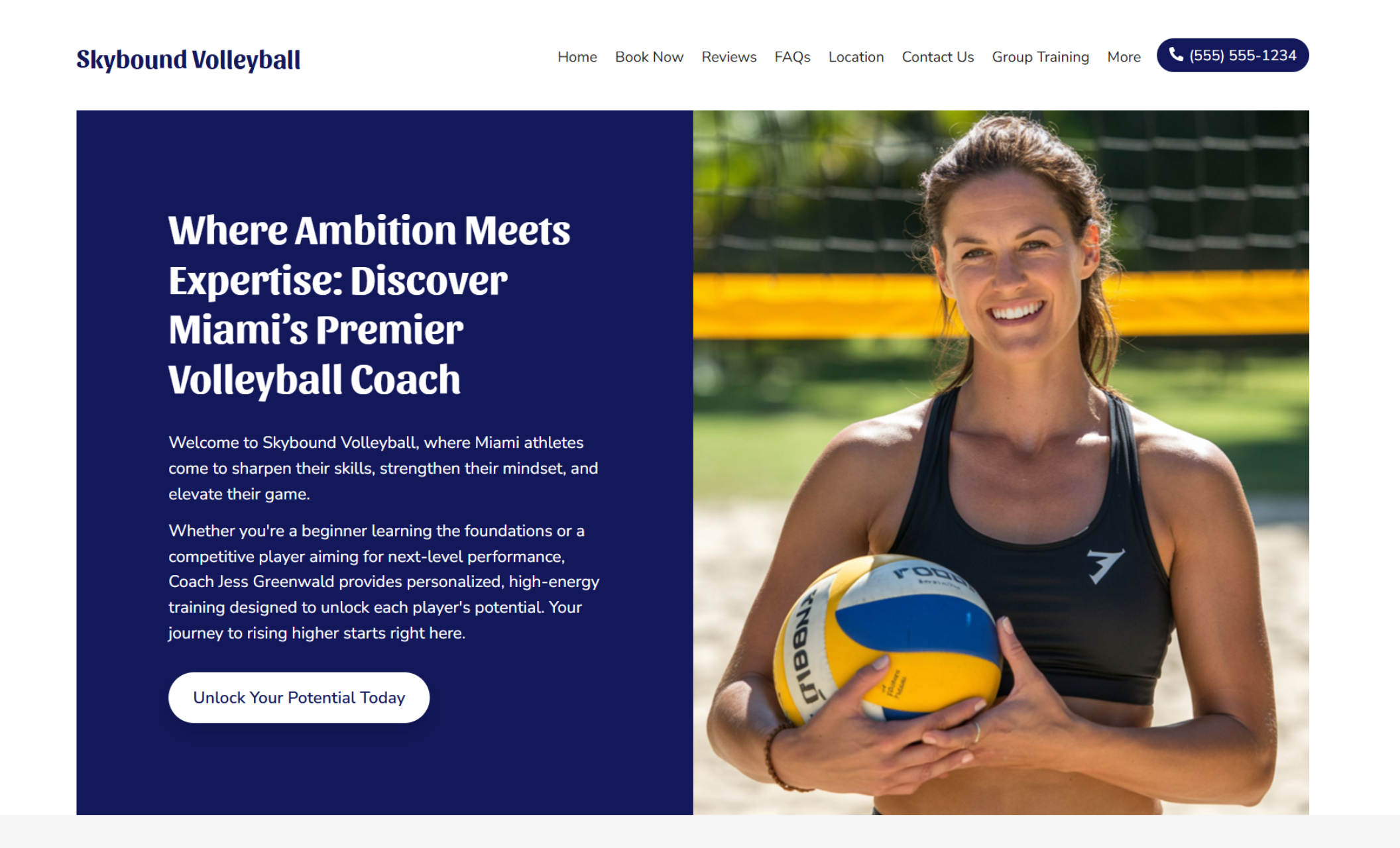 Skybound Volleyball homepage hero featuring Coach Jess smiling with a volleyball in hand beside the headline ‘Where Ambition Meets Expertise: Discover Miami’s Premier Volleyball Coach’ and a white button labeled ‘Unlock Your Potential Today.’