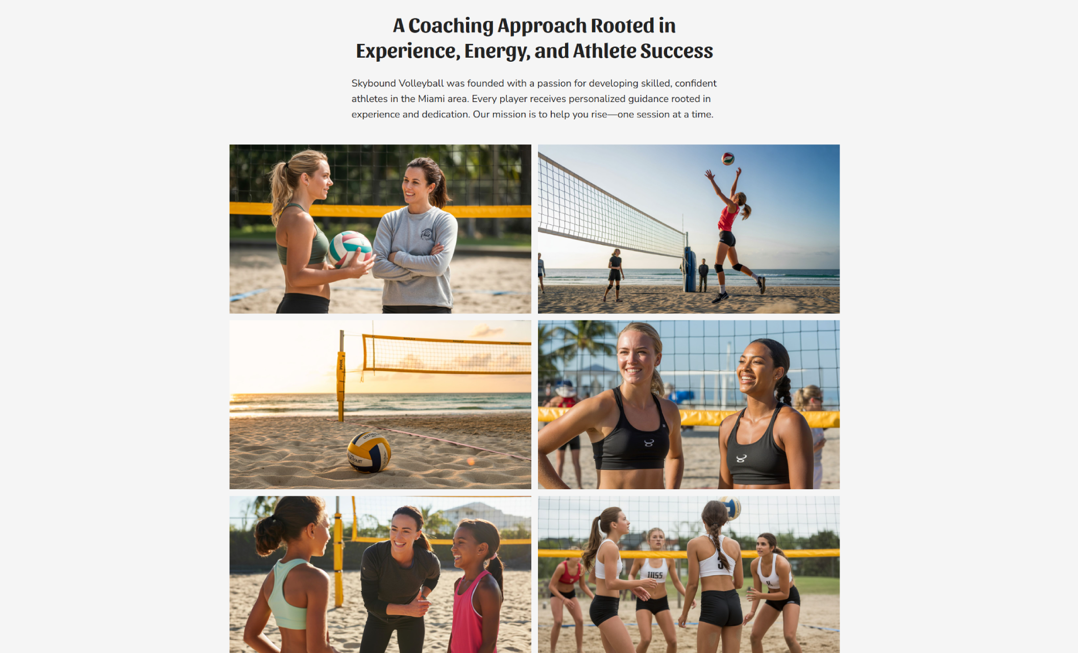 Skybound Volleyball image gallery featuring nine photos of players practicing serves, drills, teamwork, and beach volleyball training beneath the headline ‘A Coaching Approach Rooted in Experience, Energy, and Athlete Success.’