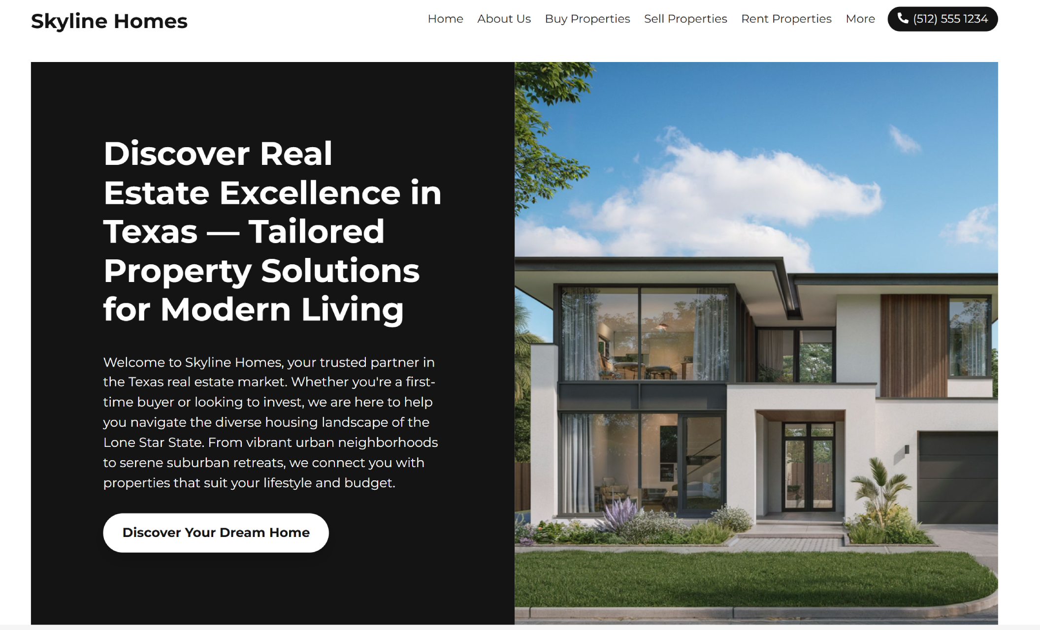 Homepage of Skyline Homes featuring a modern two-story house with large glass windows beside the bold black text that reads “Discover Real Estate Excellence in Texas — Tailored Property Solutions for Modern Living” with a white CTA button
