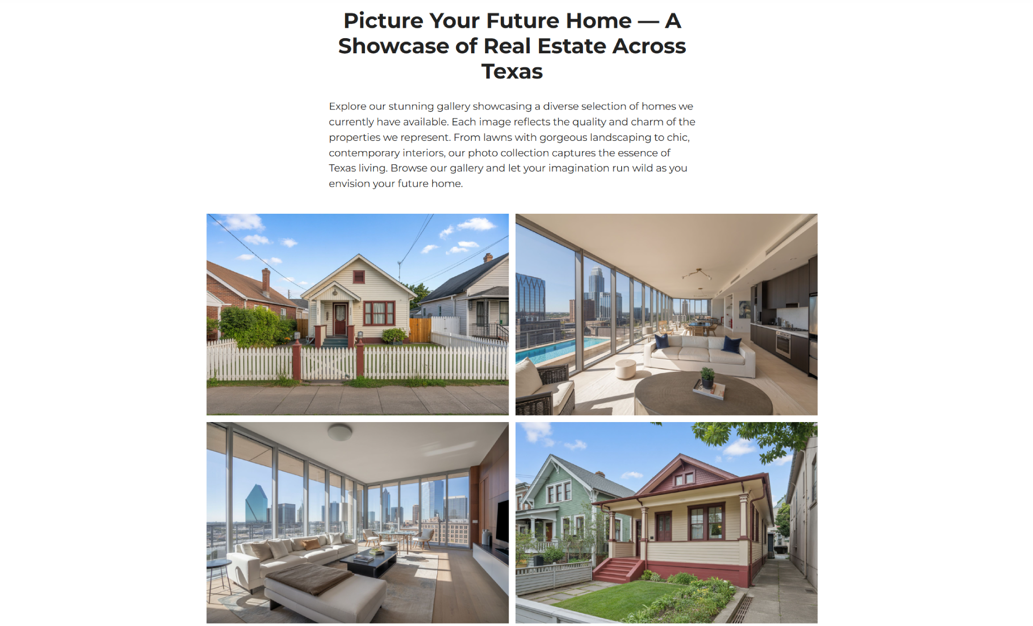 Property showcase section of Skyline Homes titled “Picture Your Future Home — A Showcase of Real Estate Across Texas” with a 2x2 grid of exterior and interior home photos ranging from historic houses to sleek high-rise apartments