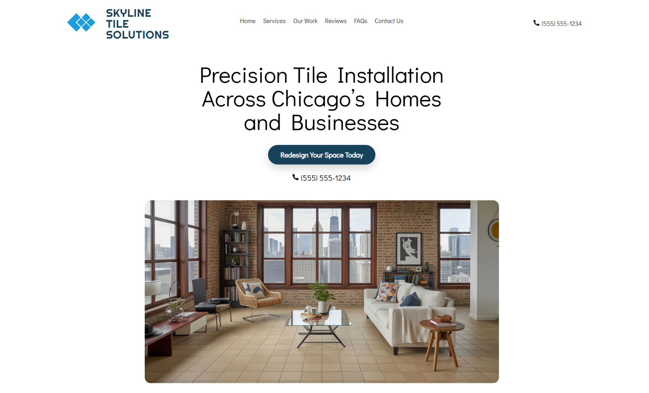 Skyline Tile Solutions homepage with a clean white background, bold headline “Precision Tile Installation Across Chicago’s Homes and Businesses,” and a photo of a modern loft living room with large windows and tiled flooring