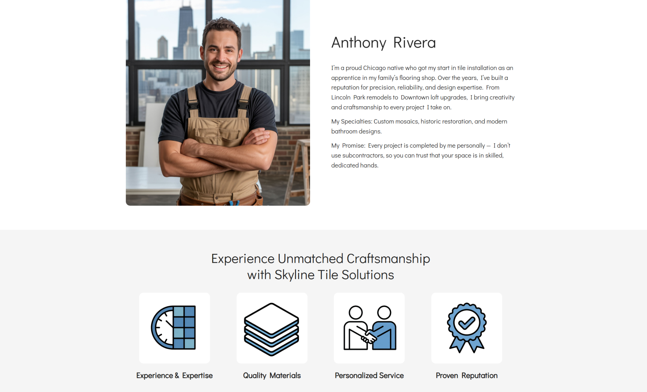 Skyline Tile Solutions "Meet the Expert" section featuring Anthony Rivera smiling in tan overalls with the Chicago skyline visible through large loft windows, alongside text highlighting his specialties in mosaics and modern bathroom design