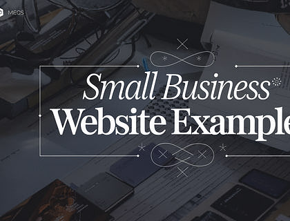Image of a small business owner working at a desk with overlaying text that reads "Small Business Website Examples