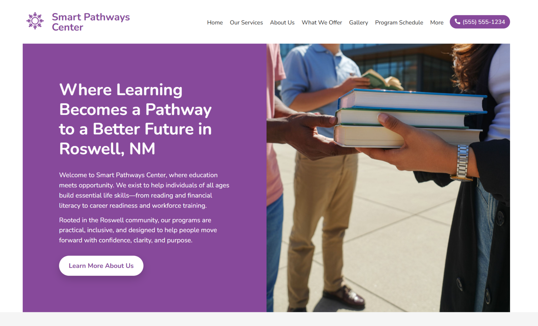 Smart Pathways Center homepage hero featuring the headline “Where Learning Becomes a Pathway to a Better Future in Roswell, NM,” with a purple intro panel and a “Learn More About Us” button beside a photo of people passing a stack of books