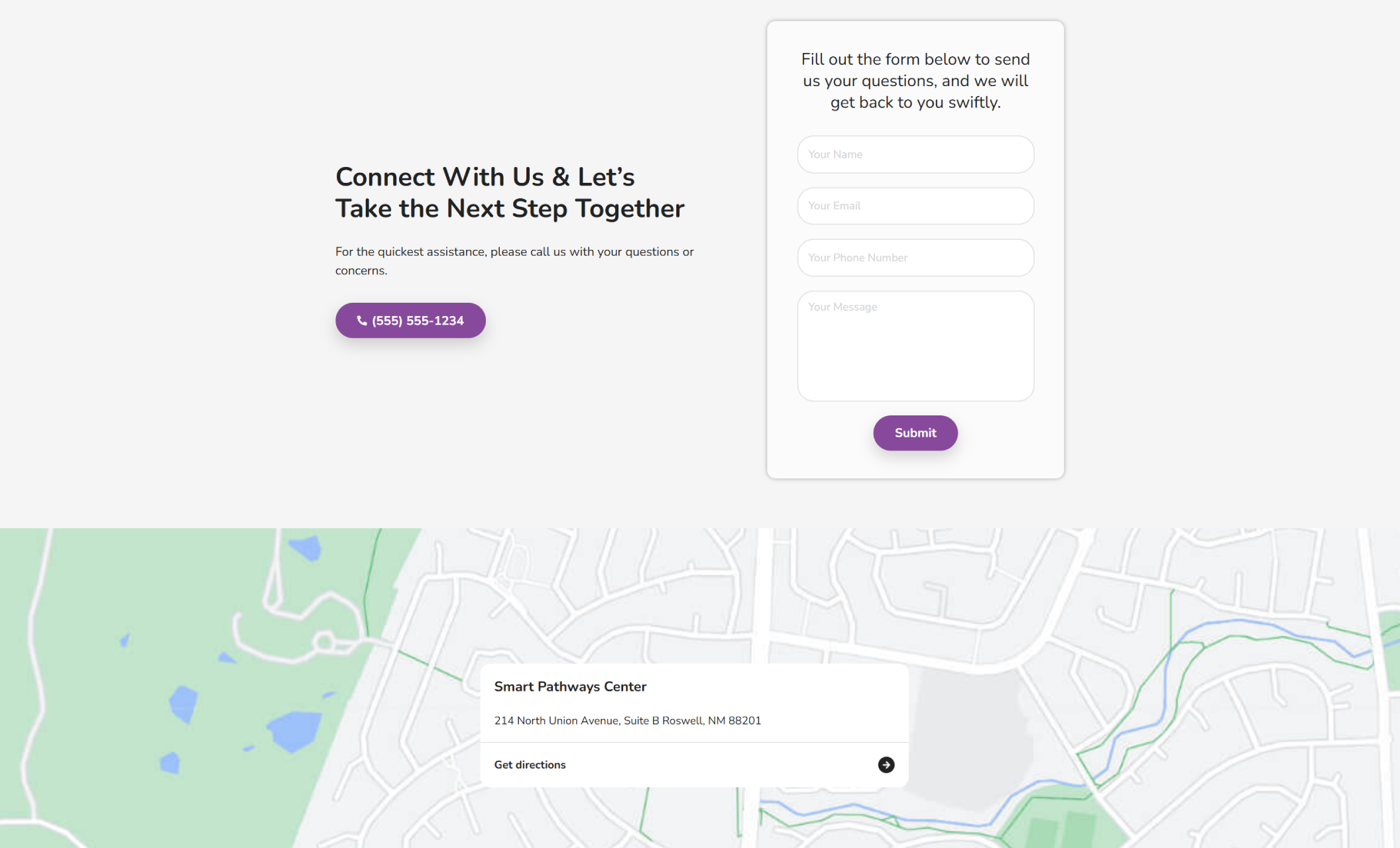 Smart Pathways Center contact section featuring the headline “Connect With Us & Let’s Take the Next Step Together,” a purple call button, and a contact form above an embedded map showing the Roswell, NM location