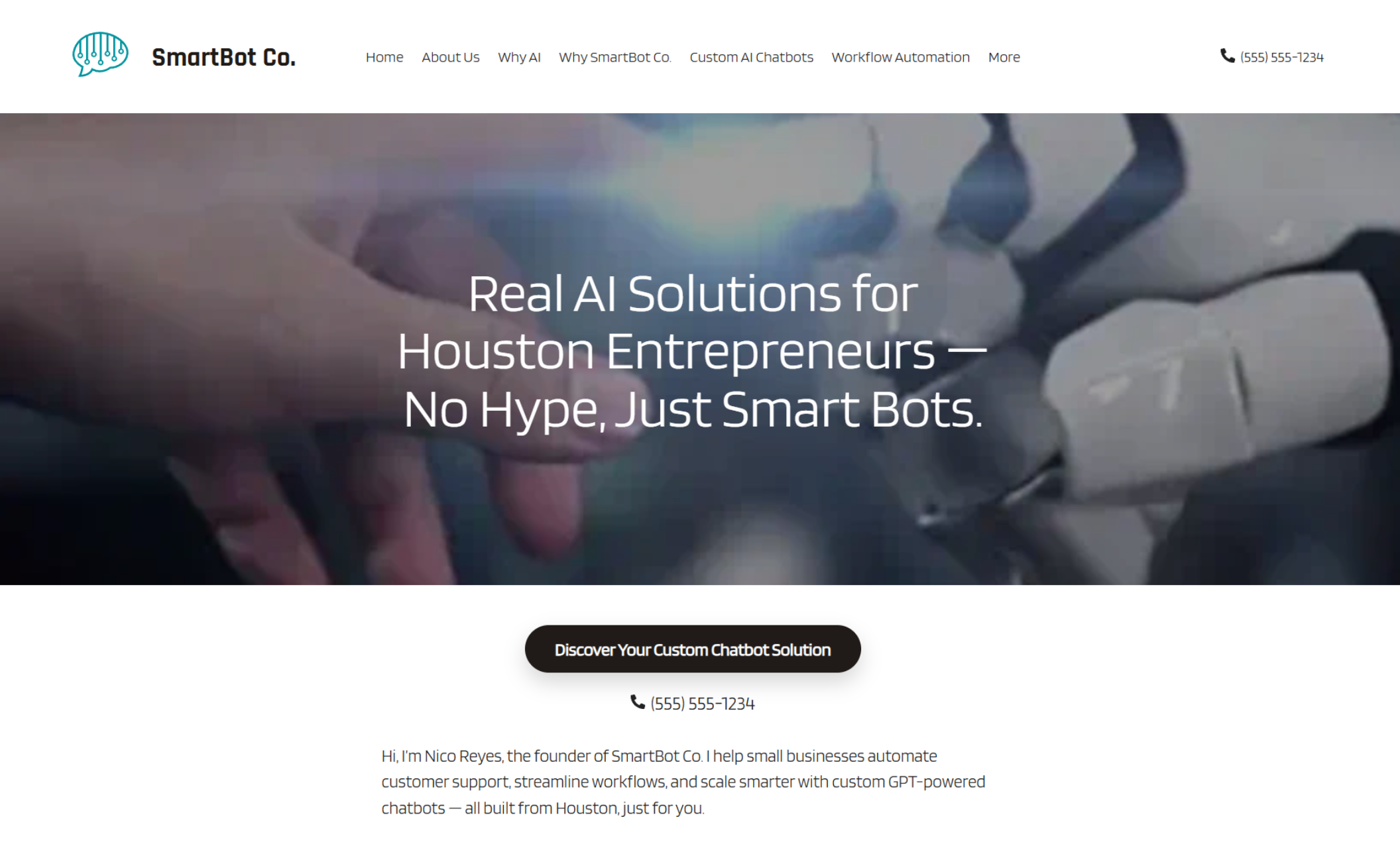 SmartBot Co. homepage featuring a robotic hand reaching out under the headline “Real AI Solutions for Houston Entrepreneurs — No Hype, Just Smart Bots” with a dark call-to-action button below