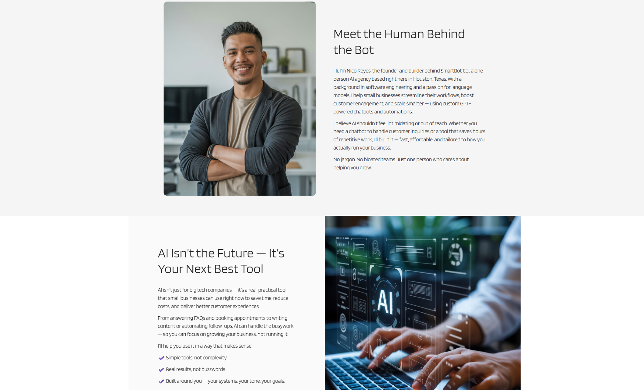 SmartBot Co. founder Nico Reyes stands smiling in an office with folded arms next to a bio explaining his mission to simplify AI for small businesses through custom chatbots and automation tools