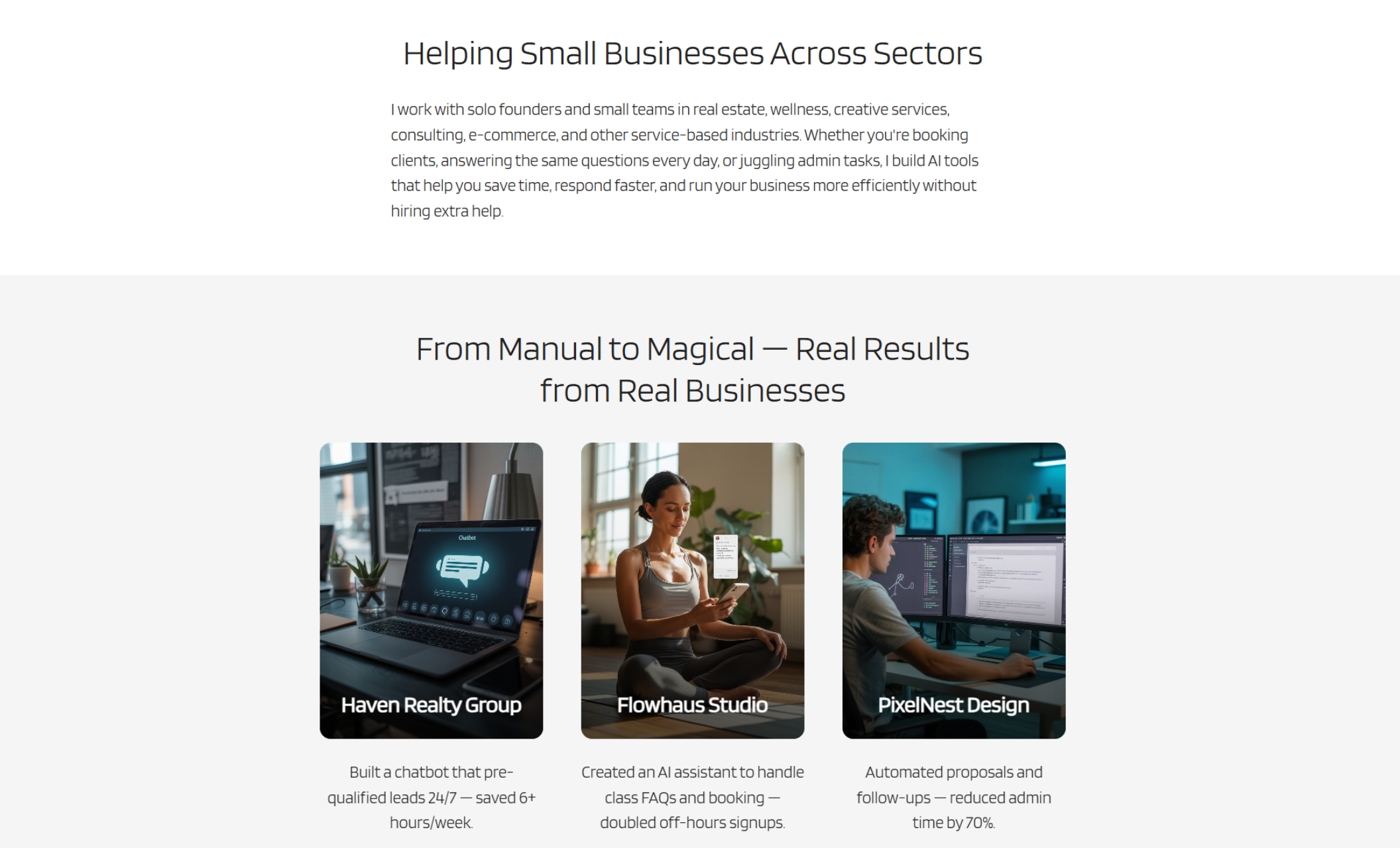 SmartBot Co. results section showing three small business success stories—Haven Realty Group with a chatbot on a laptop, Flowhaus Studio with a woman using a phone during yoga, and PixelNest Design with a developer at dual monitors