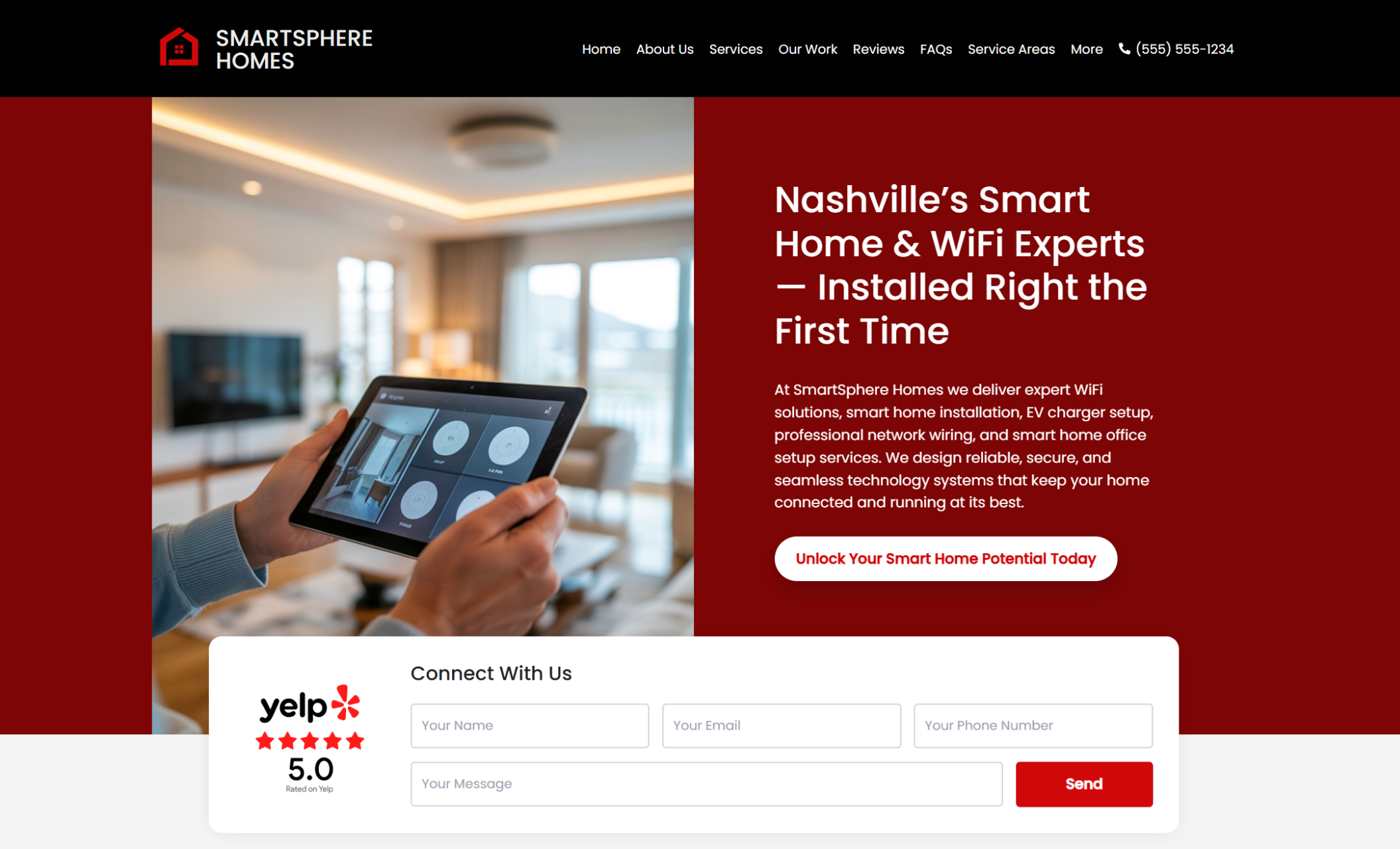 SmartSphere Homes homepage hero featuring a red panel with the headline “Nashville’s Smart Home & WiFi Experts — Installed Right the First Time,” beside an image of a person controlling smart home features on a tablet