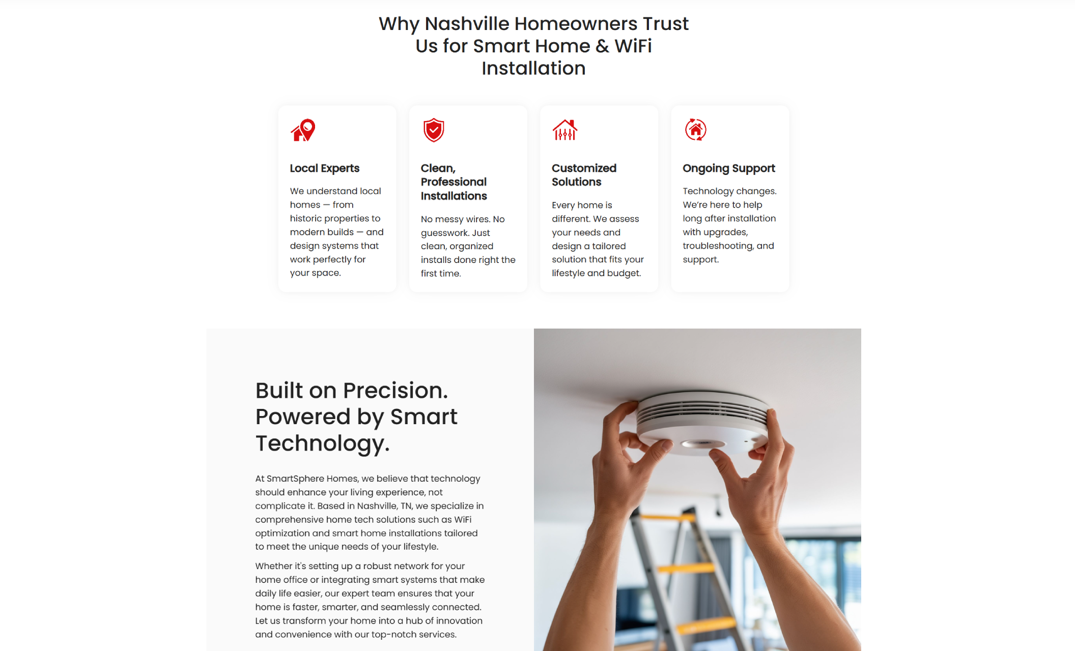 SmartSphere Homes feature section titled “Why Nashville Homeowners Trust Us for Smart Home & WiFi Installation,” highlighting local expertise, clean installs, customized solutions, and ongoing support alongside a technician image