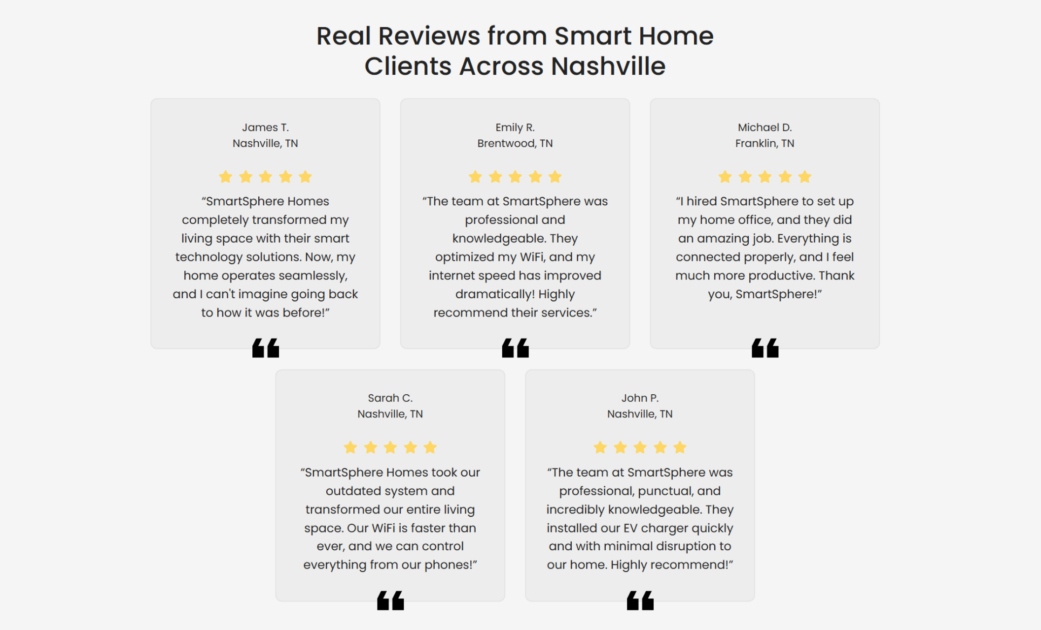 SmartSphere Homes testimonials section titled “Real Reviews from Smart Home Clients Across Nashville,” featuring multiple five-star reviews with customer names, locations, and detailed feedback cards