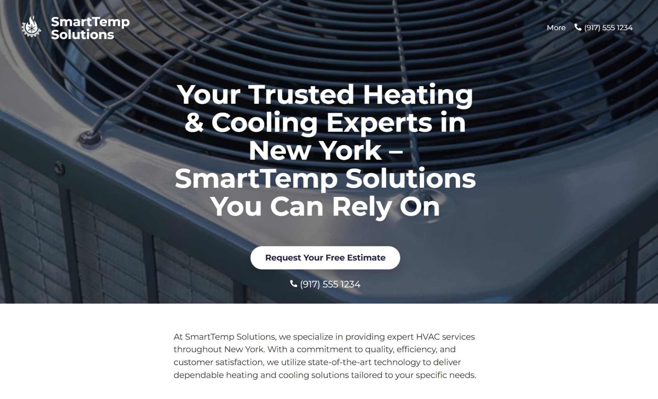 SmartTemp Solutions homepage showing a close-up of an outdoor AC condenser unit with the headline “Your Trusted Heating & Cooling Experts in New York – SmartTemp Solutions You Can Rely On” overlaid on the image