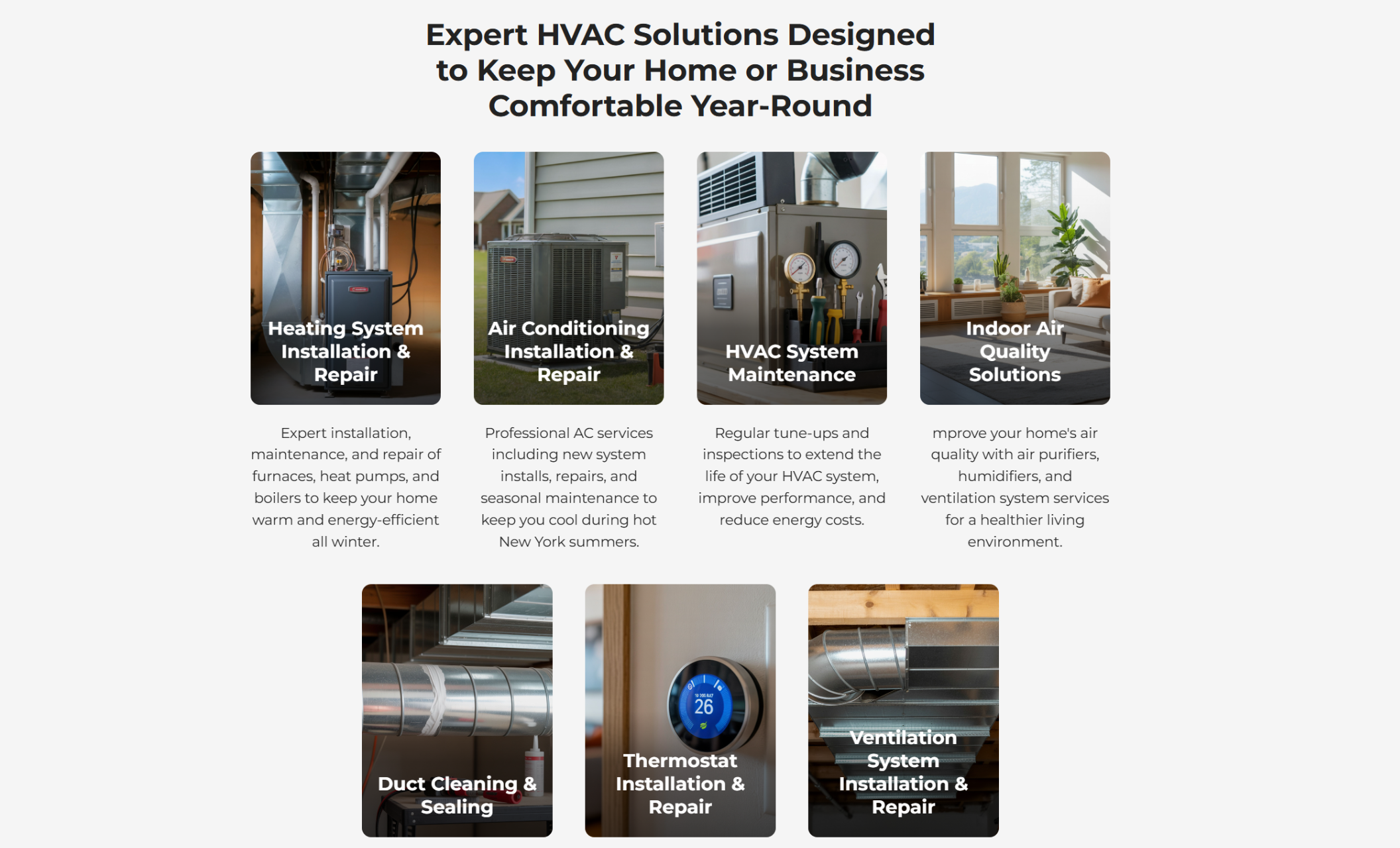 SmartTemp Solutions services page displaying six service cards with images of furnaces, outdoor AC units, ductwork, thermostats, and indoor air quality systems, under the headline “Expert HVAC Solutions Designed to Keep Your Home or Business Comfortable Year-Round.”